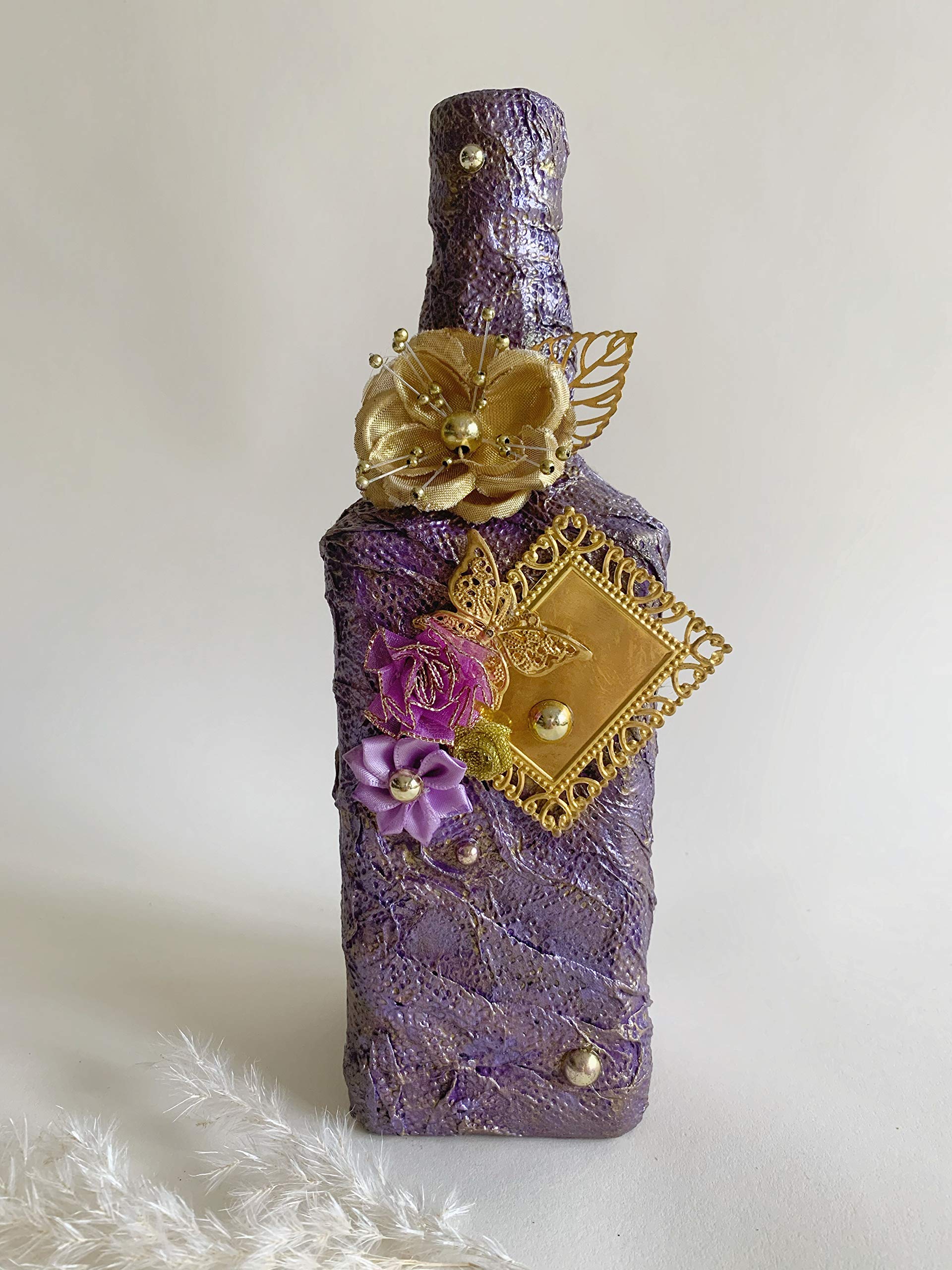 Decorated Bottles. Wine Glass Bottles. Decoupage Bottles. Home Decor. Centerpieces. Vases. Handmade Art. Displays. Shelf Decorations. Table Display. Unique Gift.