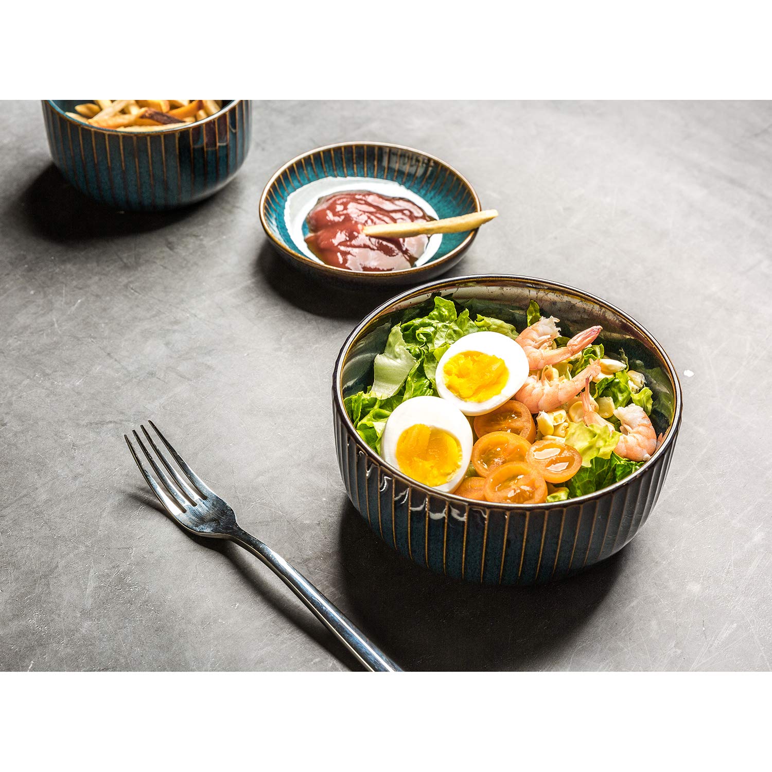 Müslischalen Groß aus Porzellan, 1000ml Bowl Schüssel 2er Set Suppenschüsseln Keramik Schalen Ramen Schüssel Retro Geschirr Blau Serie(15.5CM) (Packung mit 2)