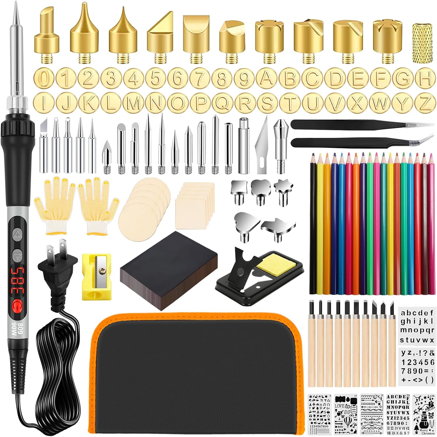 171PCS Wood Burning Kit, 100W Digital Wood Burner Tool, Adjustable Temp Pyrography Pen Set with Tips, Letter Number Stamps, Stencils, Transfer Papers, Carving Tools, Case for Adults & Beginners