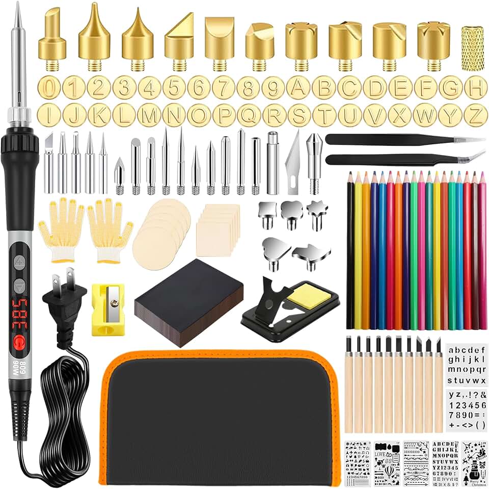 171PCS Wood Burning Kit, 100W Digital Wood Burner Tool, Adjustable Temp Pyrography Pen Set with Tips, Letter Number Stamps, Stencils, Transfer Papers, Carving Tools, Case for Adults &amp; Beginners
