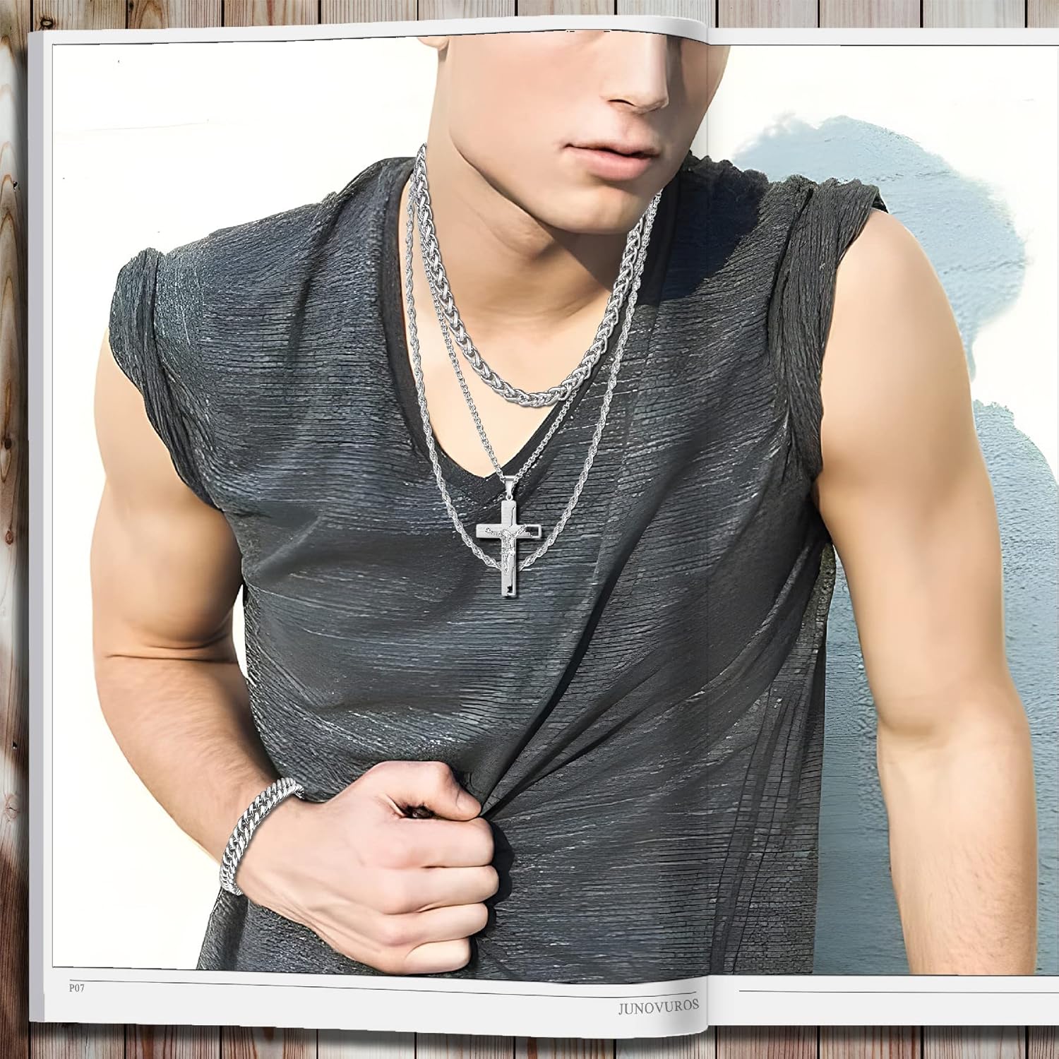 JUNOVUROS 5 Piece Stainless Steel Cross Pendant Necklace Set with 3 Chains and 1 Cuban Bracelet, Jesus Christ Cross Religious Jewelry Gift, Silver/Gold/Black - Image 5