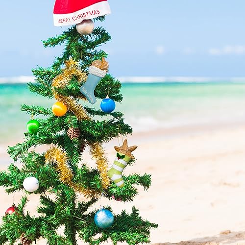 Miniatura 6 de Needzo Adornos para árbol de Navidad con temática de playa, estrellas de mar y conchas de mar en medias, decoración náutica para colgar, 5 pulgadas,