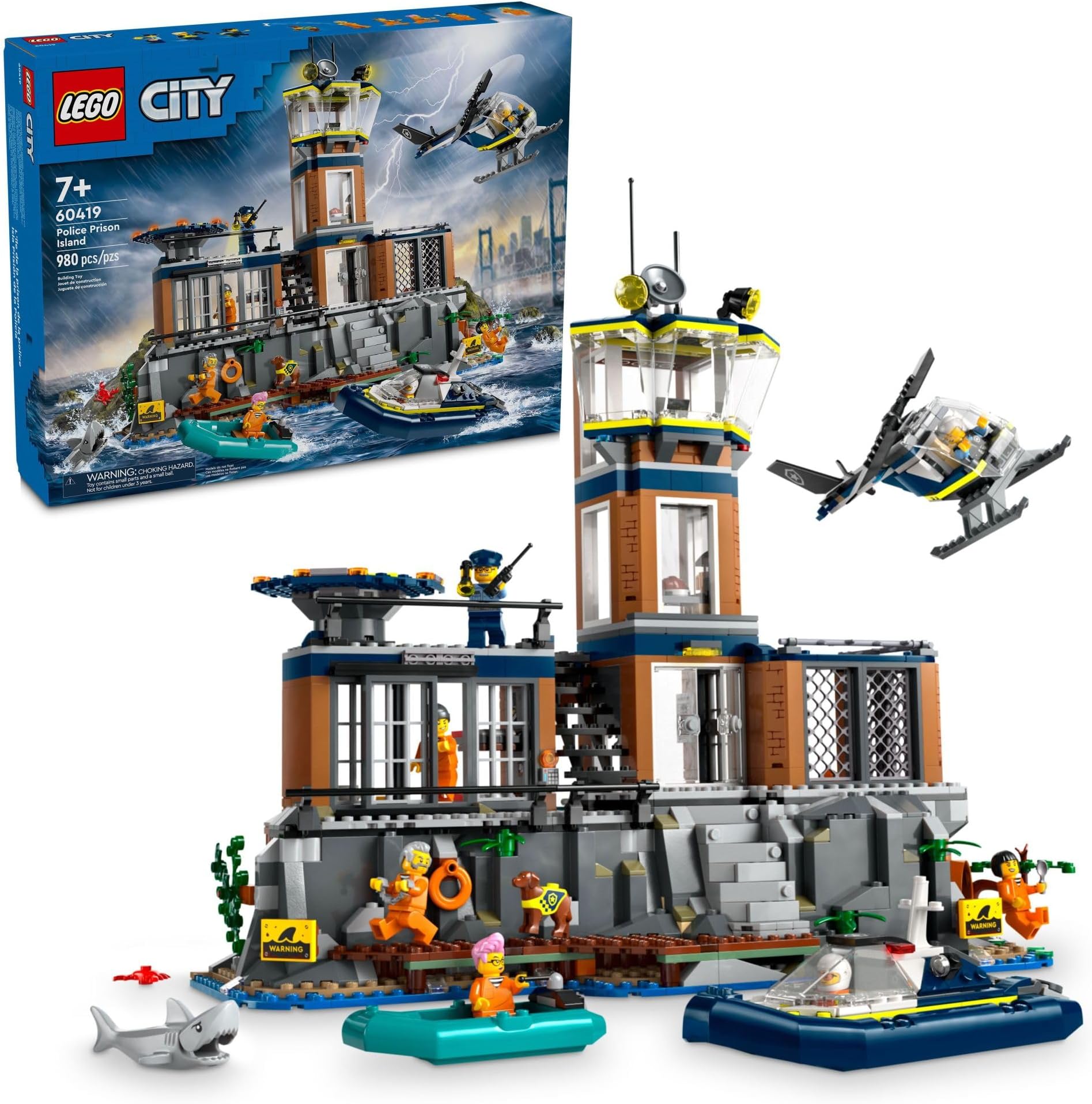 City Police Prison Island Building Set, Birthday Gift for Boys and Girls Ages 7 Plus, Imaginative Play, Helicopter Toy, Boat Toy and Dinghy, 7 Minifigures with Dog and Shark, 60419