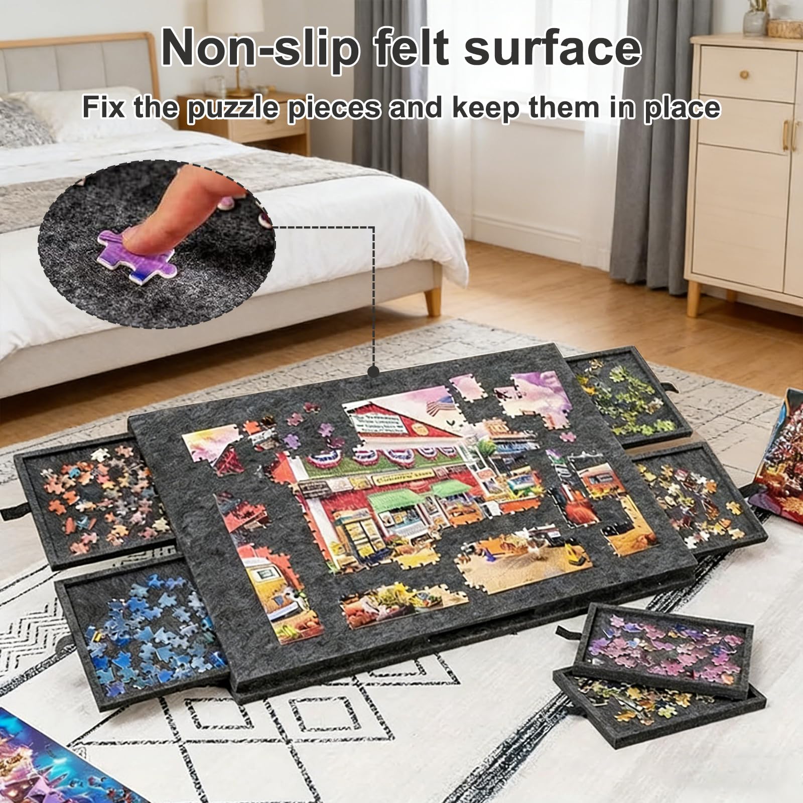Planche de Puzzle Inclinable Table de Puzzle, Plateau de Puzzle Portable avec 6 tiroirs, Tapis Puzzle en Feutre avec Support et Couvercle 2-en-1 Table Portable pour Jeux Jusqu'à 1000 Pièces