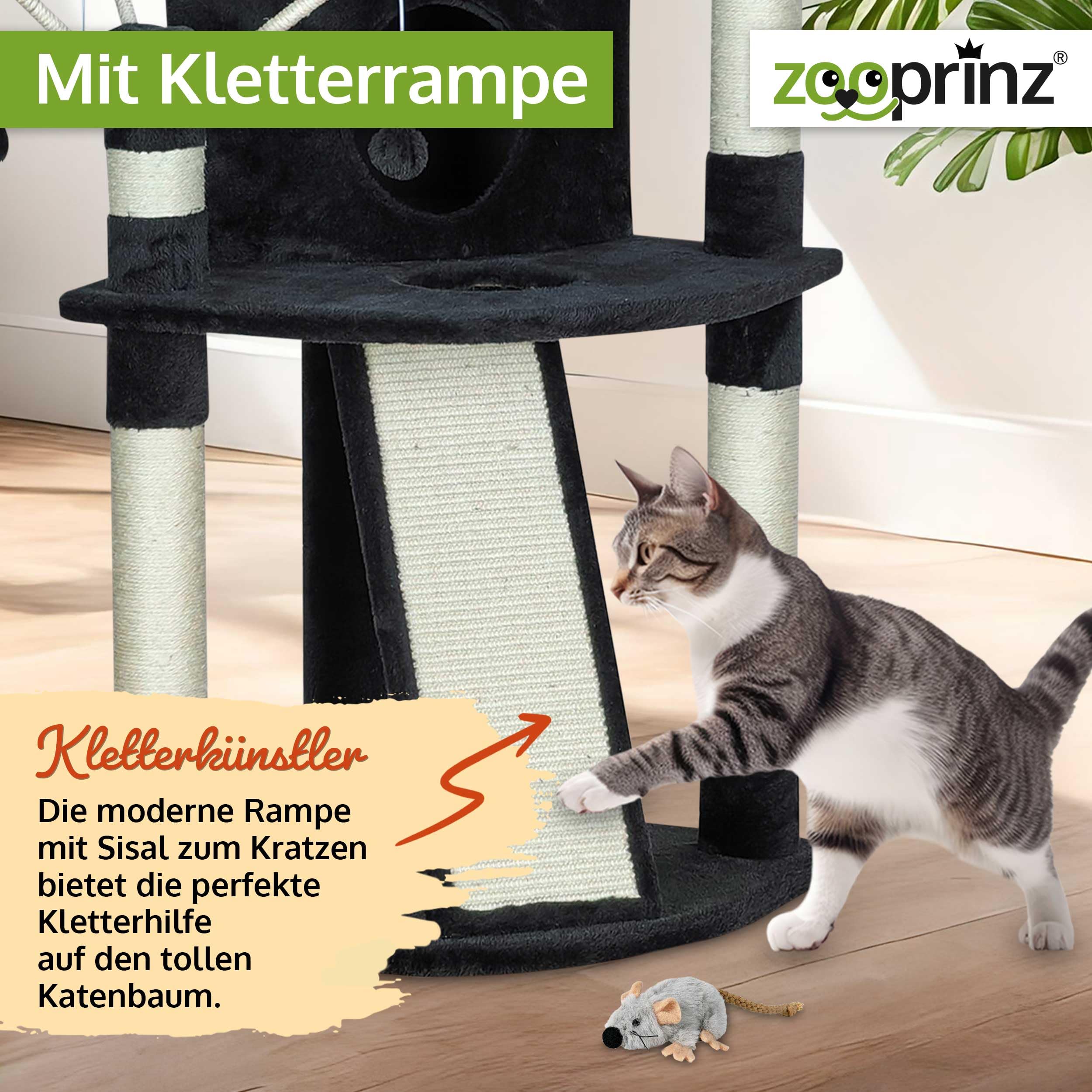 zooprinz Kratzbaum 121 cm schwarz mit Höhle und Liegefläche | Katzenkratzbaum mit Bett, Sisal-Kletterrampe und Kratzsäule, Katzenturm für Indoor-Katzen