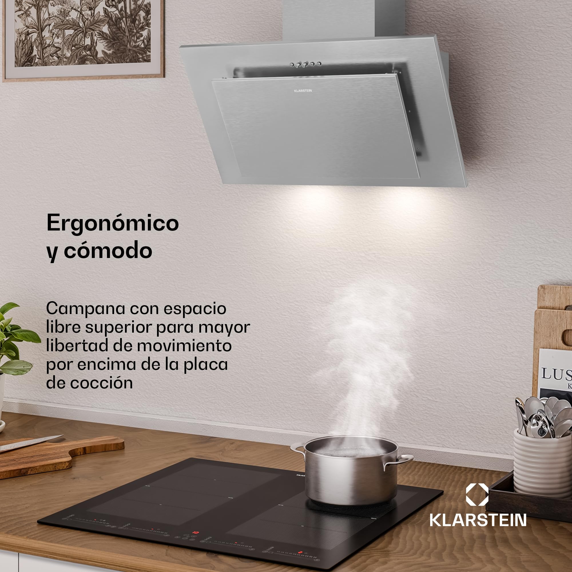 Klarstein Athena Campana Extractora 60 cm - Angular, 254 m³/h, A+++, LED, 3 Velocidades, Filtro Carbón, Recirculación & Extracción, Campana Extractora Decorativa Cocina, Acero inoxidable
