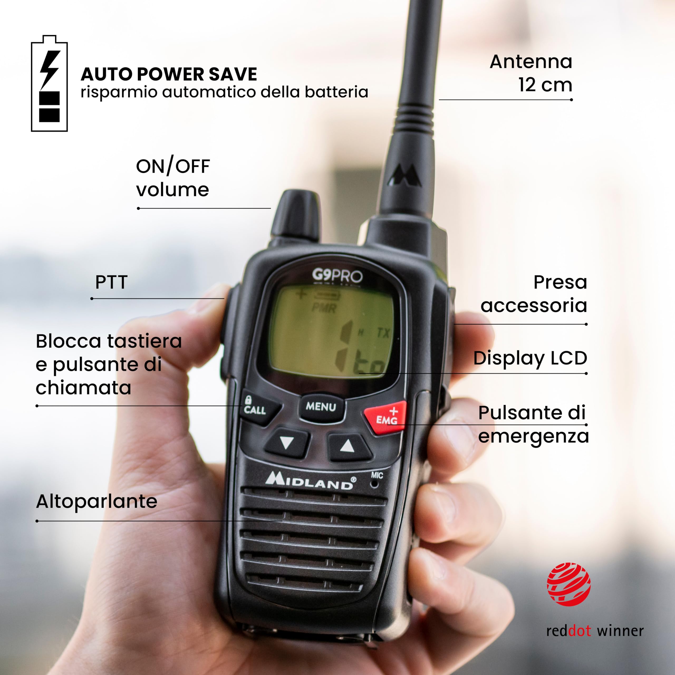 Midland - Walkie Talkie G9 PRO, Ricetrasmittenti Professionali IPX4 Waterproof per Softair e Outdoor, 101 Canali - 32 PMR446/69 LPD, Copertura 12Km, Autonomia 23H, 4 Batterie Ricaricabili e Accessori