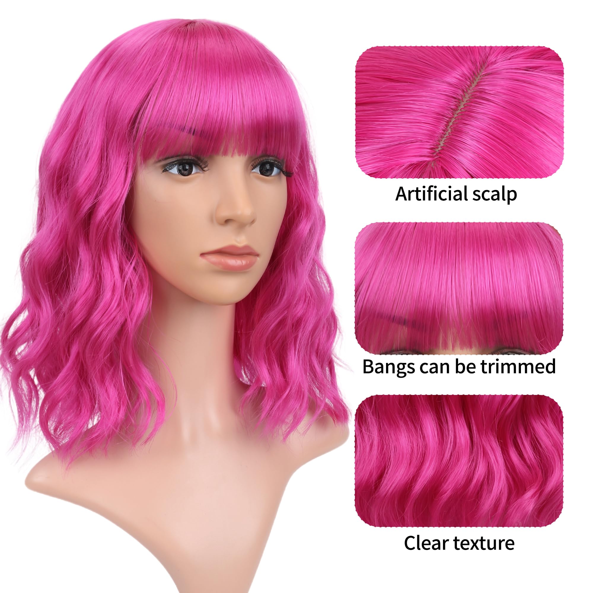 Barbie Pink Bob Wig With Air Bangs - Wavy, Curly Synthetic Pastel Bob Wig for Women (12") - Image 3