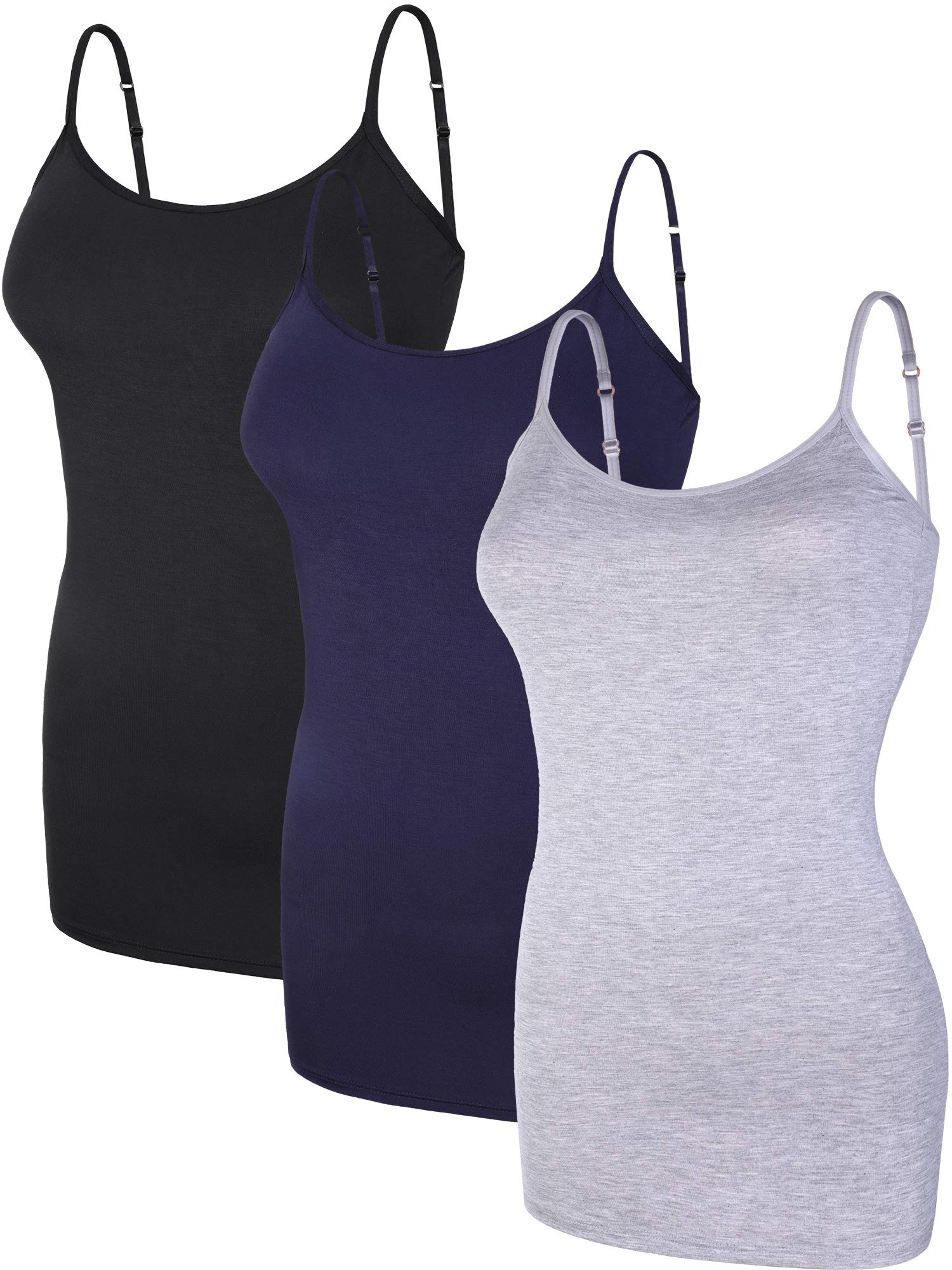 WILLBOND 3 Pieces Women Basic Long Tanks Adjustable Spaghetti Strap Camisole Top: X-Large Black, Dark Blue and Grey