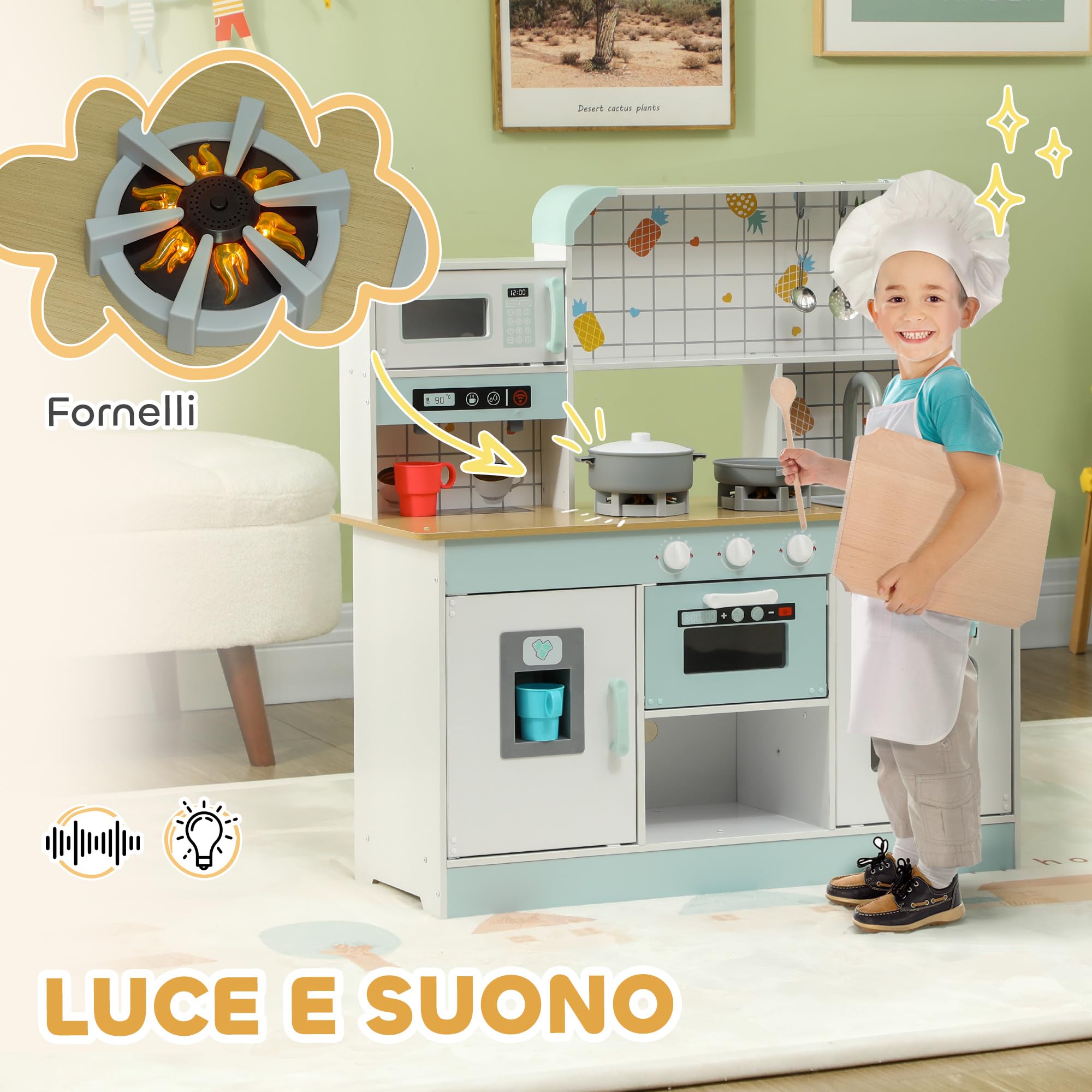 AIYAPLAY Cucina Giocattolo per Bambini da 3 Anni in Legno, Fornello con Luci e Suoni, Microonde, Macchina del Caffè, Macchina del Ghiaccio e Armadietti, Bianco