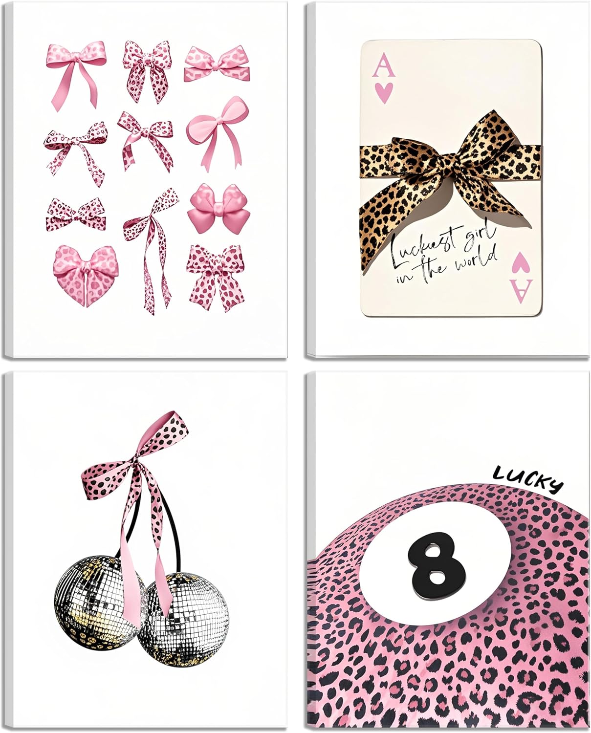 4 Pcs Pink Leopard Bows Canvas Wall Art Pink Cheetah Disco 8 Ball Cherry Posters Prints Coquette Trendy Preppy Wall Decor Pictures Aesthetic Painting for College Dorm Living Room Bedroom Framed