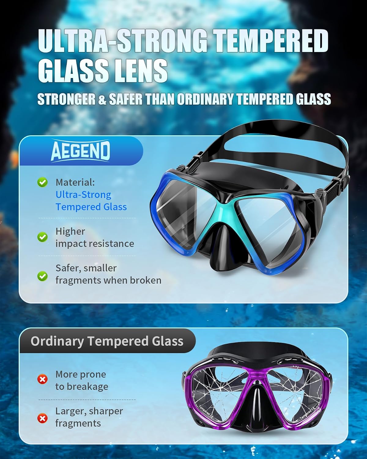 Snorkel Scuba Adult Mask, Anti-Fog Diving Swim Goggles with Nose Cover | Ultra-Strong Tempered Glass, No-Leak Seal Dive Swimming Goggle, Panoramic Clear Wide View for Open Water Snorkeling Men Women