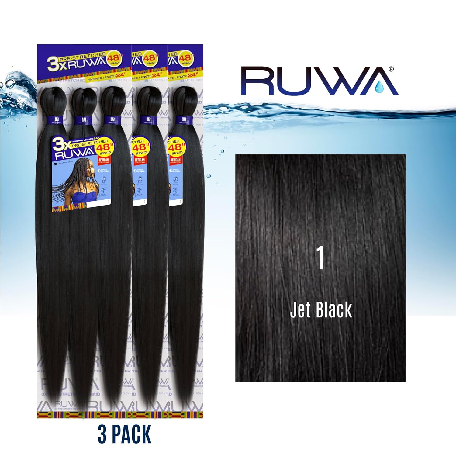 Sensationnel Ruwa prestretched braiding hair - 3x 48 inch water repellent kanekalon fast dry synthetic sports itch free (3 pack, 1 JETBLACK)