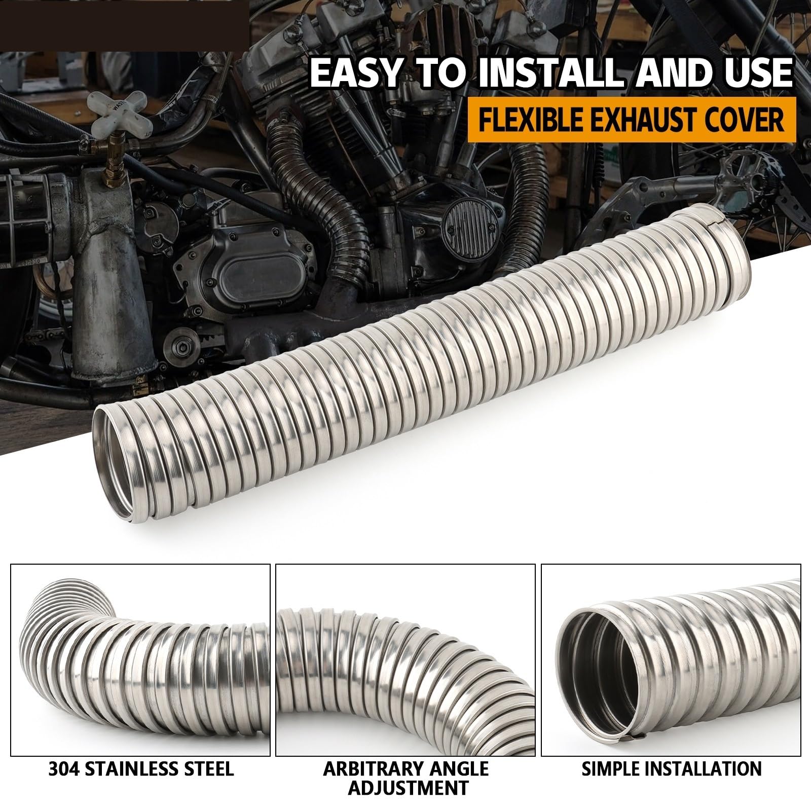 Protezione Tubo Scarico Moto Protezione Tubo marmitta Flessibile cromata per Scarico Adatta per Harley Knucklehead Panhead FL El Paracalore Scarico Moto(2PCS)