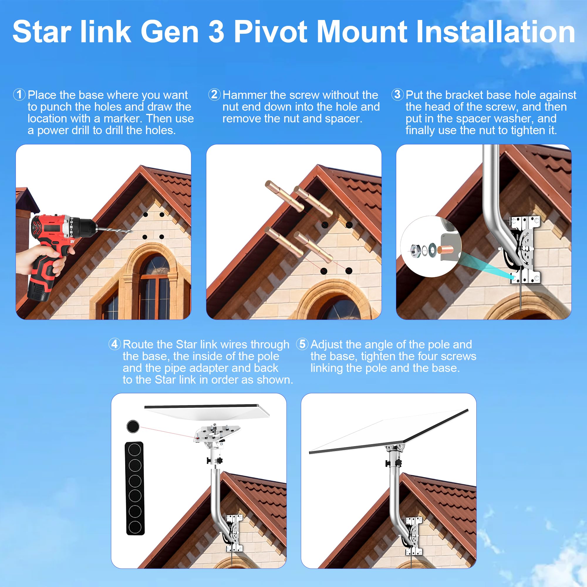 Support mural standard pour Starlink de troisième génération, réglable à 360 degrés, kit d'installation pour Internet par satellite Starlink, compatible avec l'antenne standard Gen3 (V3) de Starlink