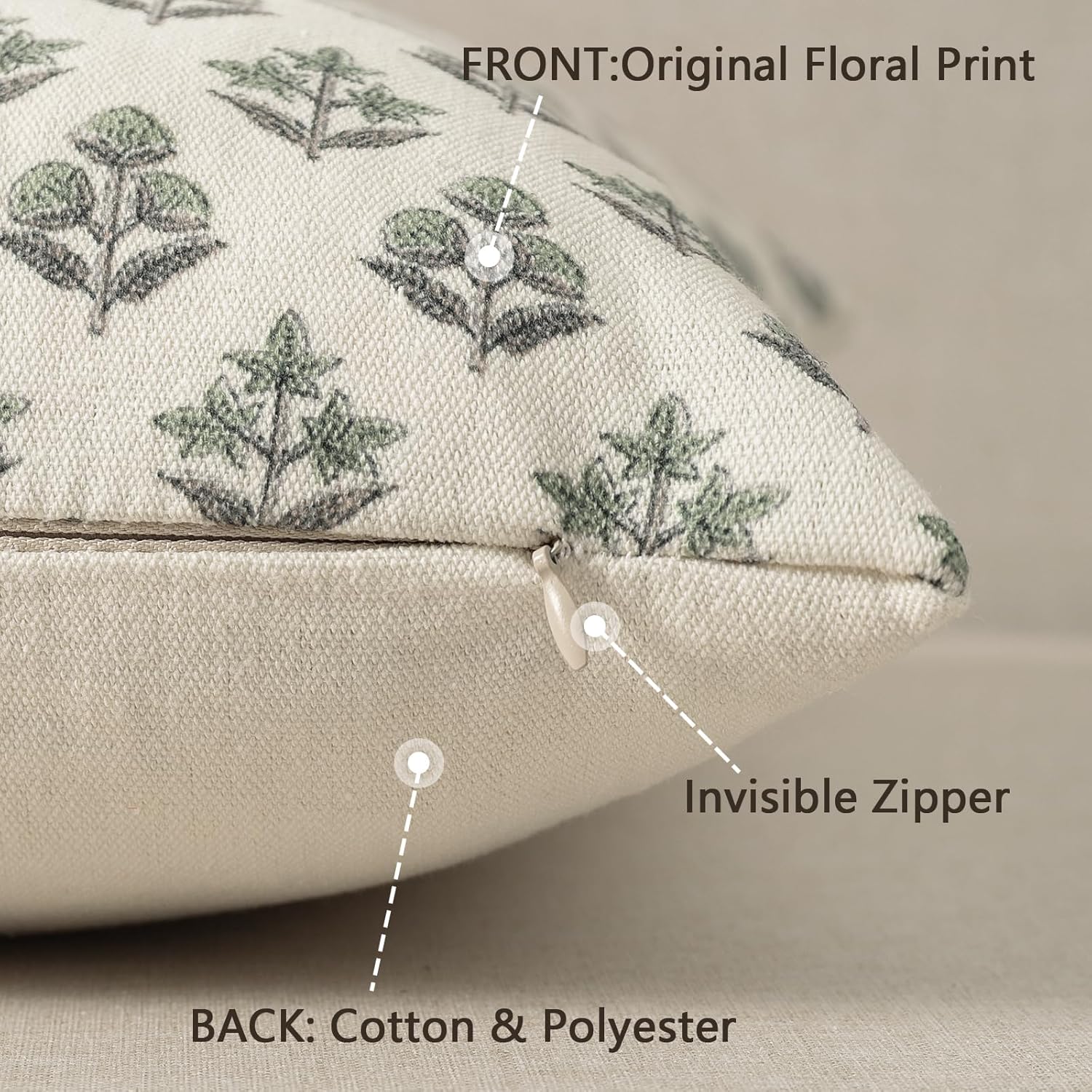 YCOLL Farmhouse Floral Print Throw Pillow Covers 18x18 Set of 2, Rustic Decorative Cushion Covers for Sofa Couch Bed Living Room, Vintage Floral Patterned Cottage Home Decor, Sage Green