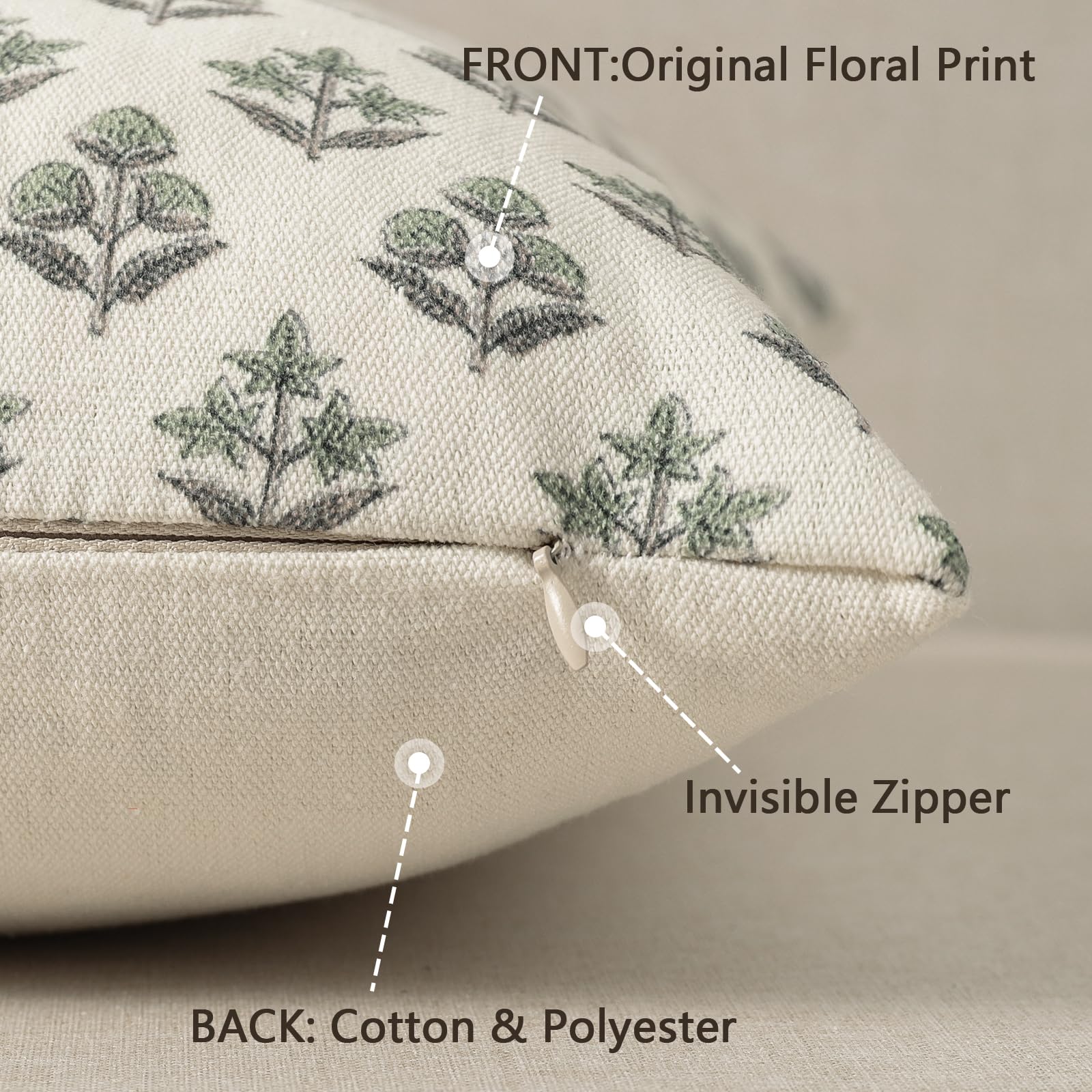 YCOLL Modernes Botanisches Vintage-Design Kissenbezug 50x50 2er Set Blumen Kissenbezüge, Sofakissen, Dekokissen für Sofa, Couch, Stuhl, Bett, Wohnzimmer Heimdekoration, Salbeigrün