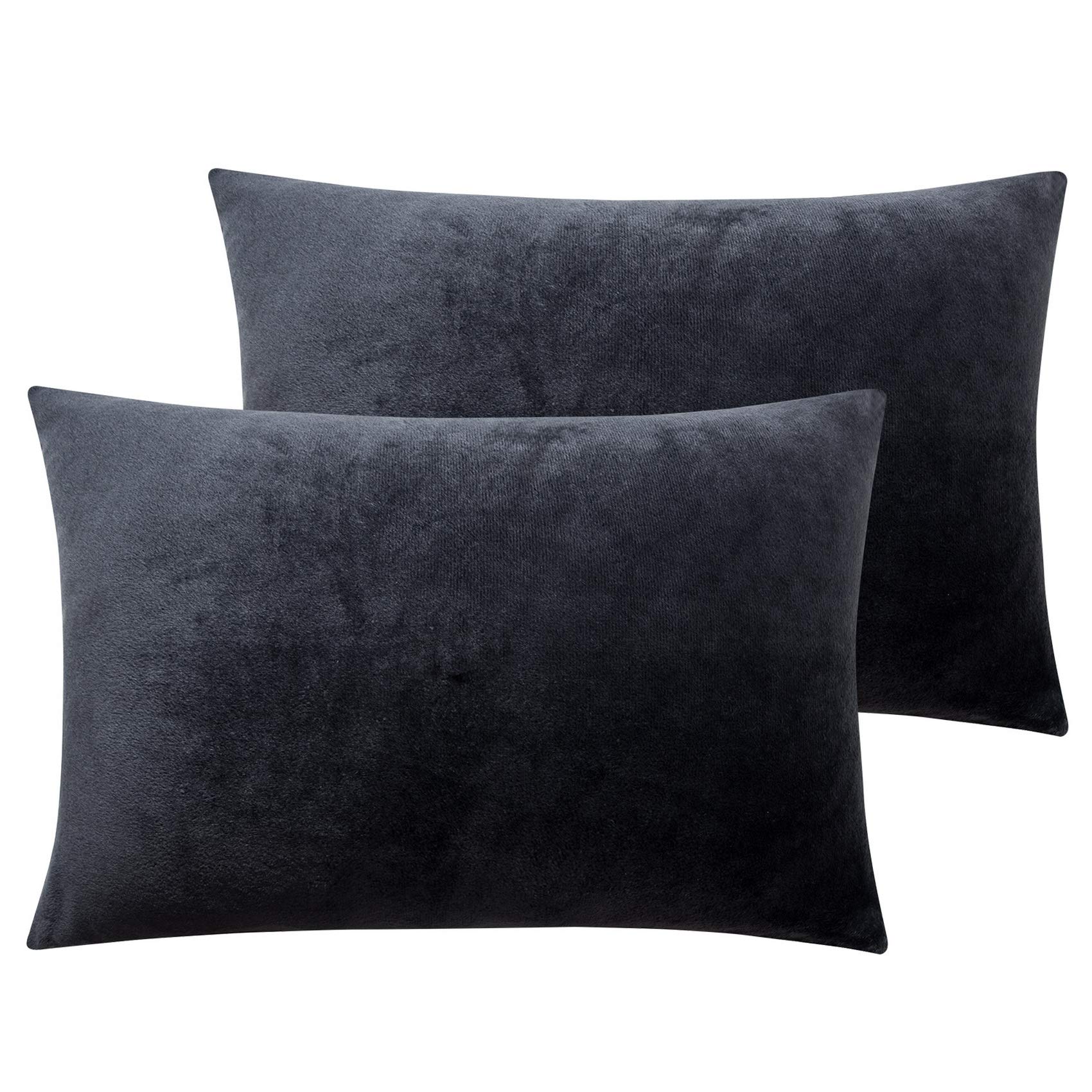 NTBAY Velvet Soft Solid Color Zipped Toddler Pillowcases, 2 Pack Cozy Luxury Zippered Plush Travel Pillow Cases, 13x18 Inches, Charcoal Grey