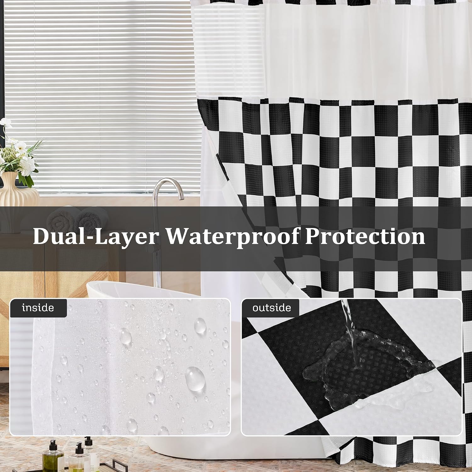 Checkered No Hook Shower Curtain and Liner Set, Black White Checkerboard Waffle Weave Heavy Duty Hookless Shower Curtains with Snap in Liner, Washable Bath Curtain 71’’x74’’