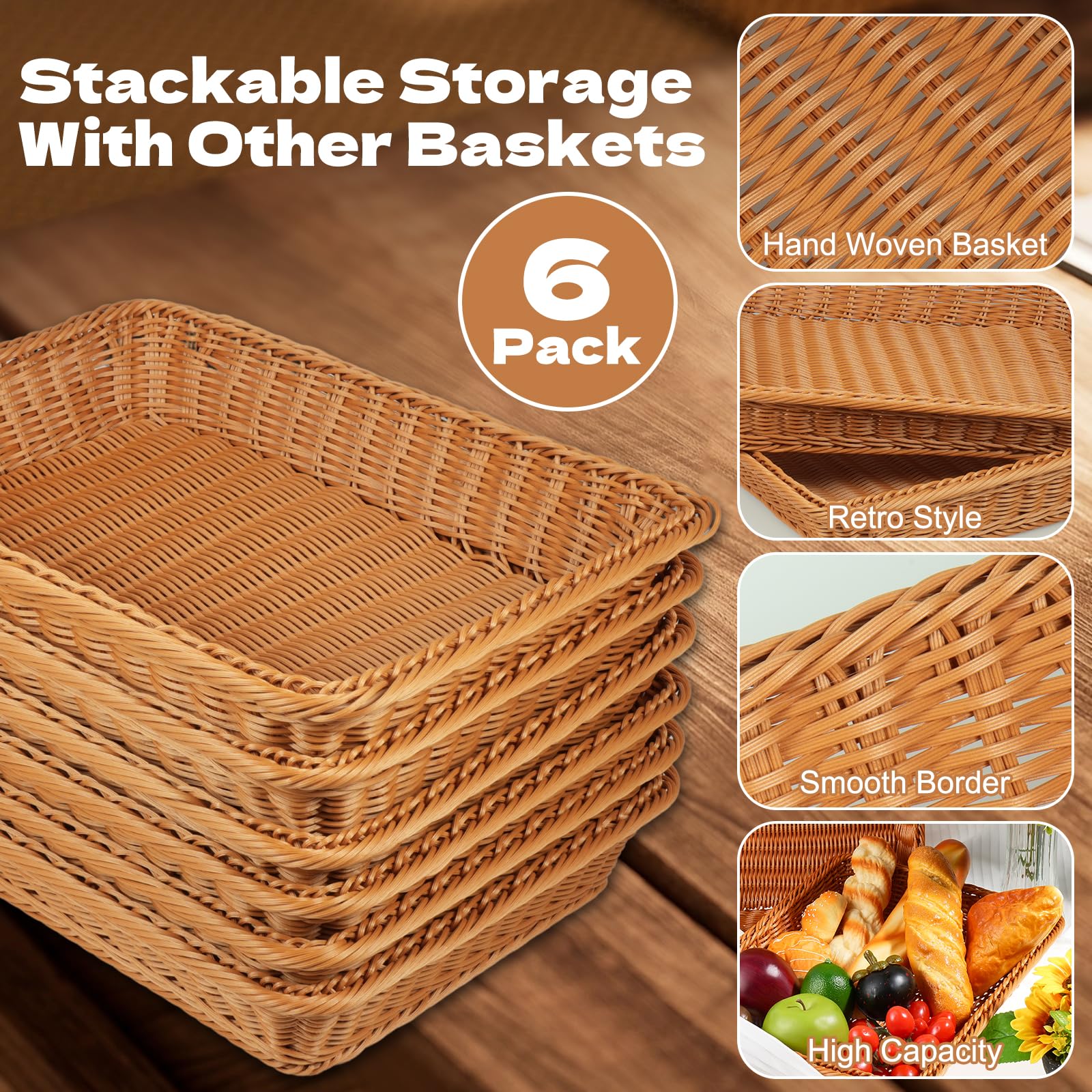 Confezione da 6 cestini per il pane in vimini sintetico, 40 x 30 cm, rettangolari, per frutta, cibo, cibo, cibo, per pane, verdure, frutta, snack, da tavolo, ristorante, casa all'aperto