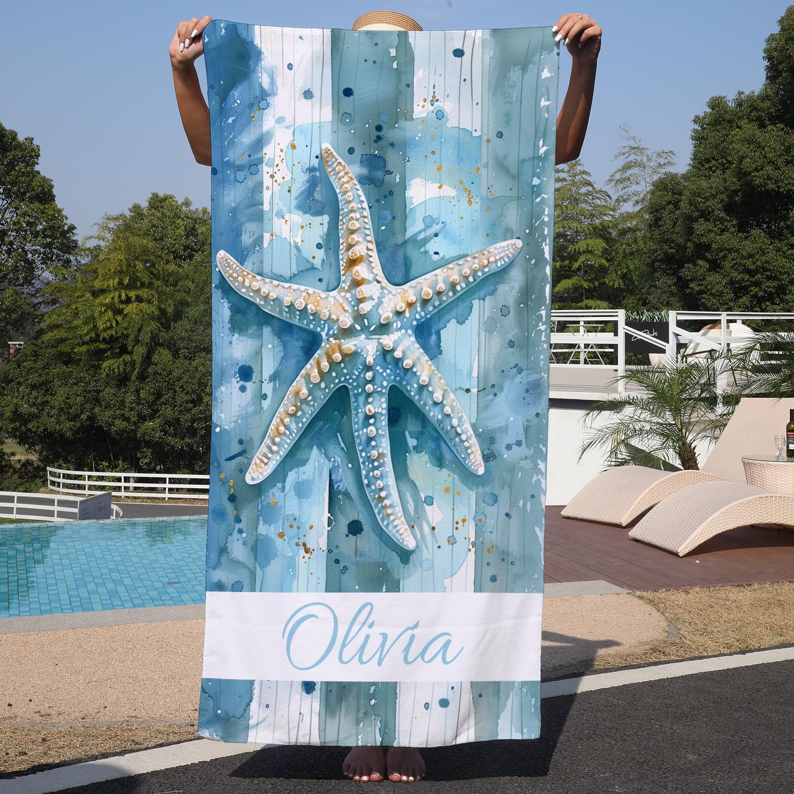SearchI Personalised Beach Towel with Name 152x76cm,Custom Bath Towels with Name for Swimming Pool Bathroom Camping Travel,Quick Dry Microfiber Beach Towel for Adults Kids Lovers Birthday- starfish