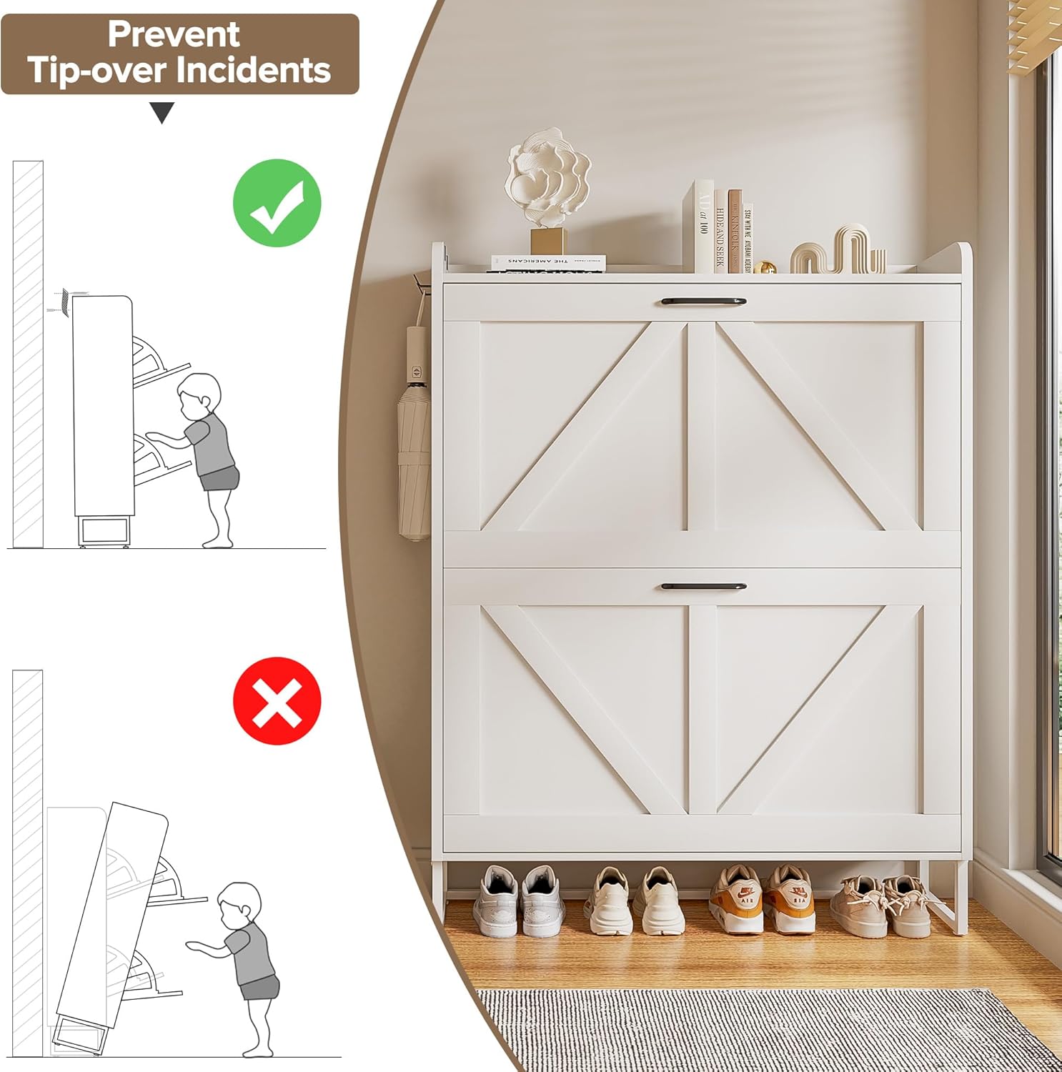 EOYUTLLY Shoe Cabinet for Entryway with 2 Flip Drawers,Narrow Wooden Shoe Storage Cabinet with Metal Legs,Hold 24 Pairs, 4-Tier Adjustable Shelves–Freestanding Hidden Shoe Organizer for Hallway, Foyer