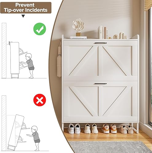 Miniatura 8 de EOYUTLLY Zapatero para entrada con 2 cajones abatibles, armario estrecho de madera para almacenamiento de zapatos con patas de metal, capacidad para