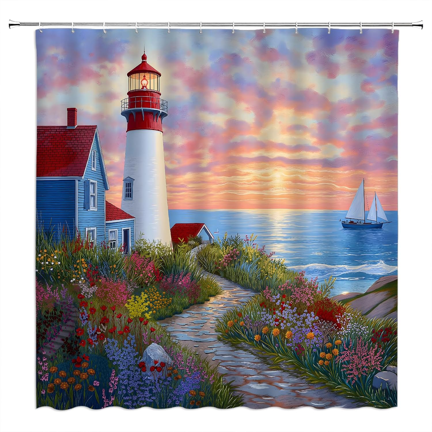 Nautical Lighthouse Shower Curtain Spring Floral Ocean Beach Sunset Sail Boat Retro Scenery Bathroom Decor Curtain with Hooks,Red Green Blue