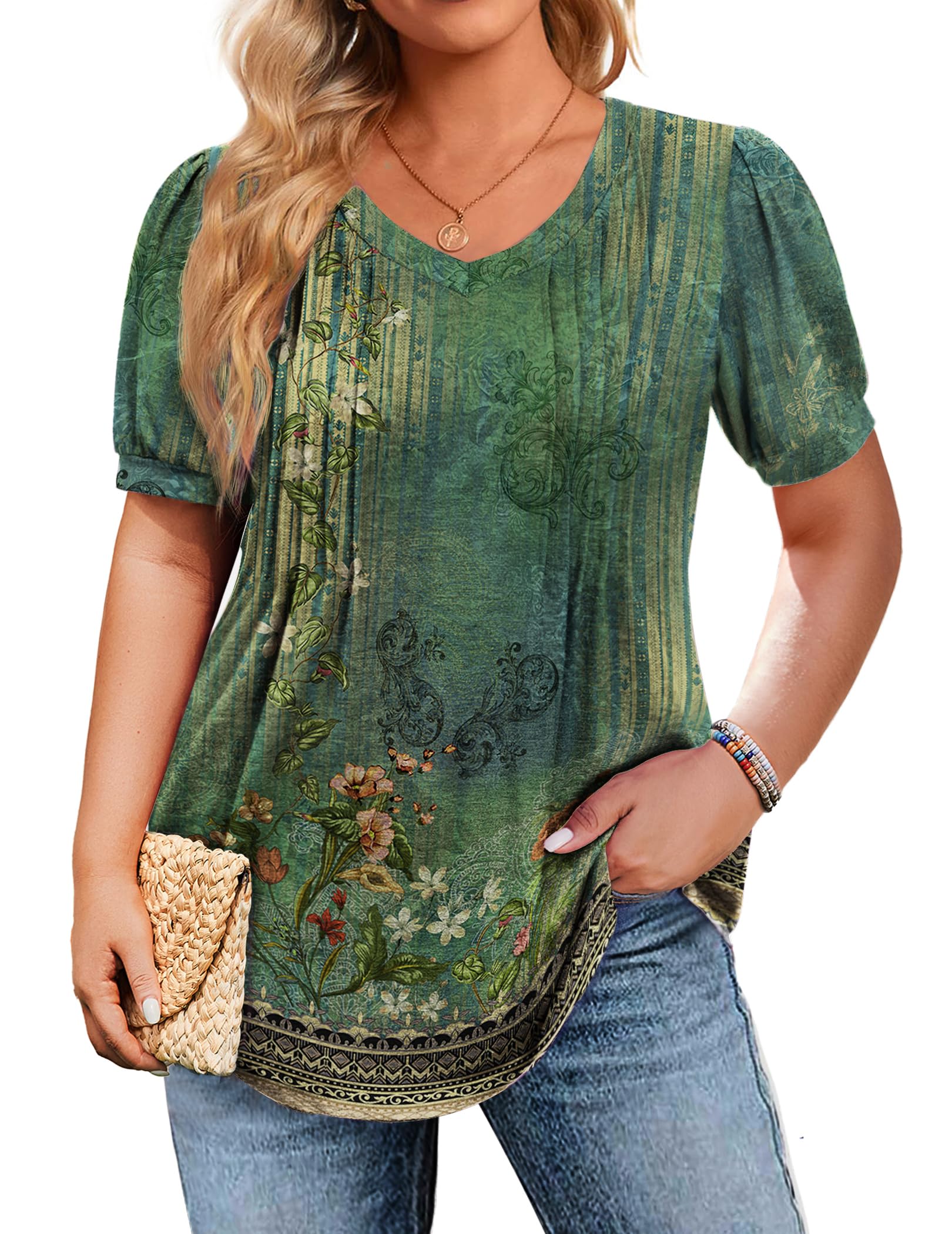 IN'VOLAND Plus Size Tops for Women Summer Puff Short Sleeve Tunic Pleated V Neck Shirts Casual Floral Solid Blouse