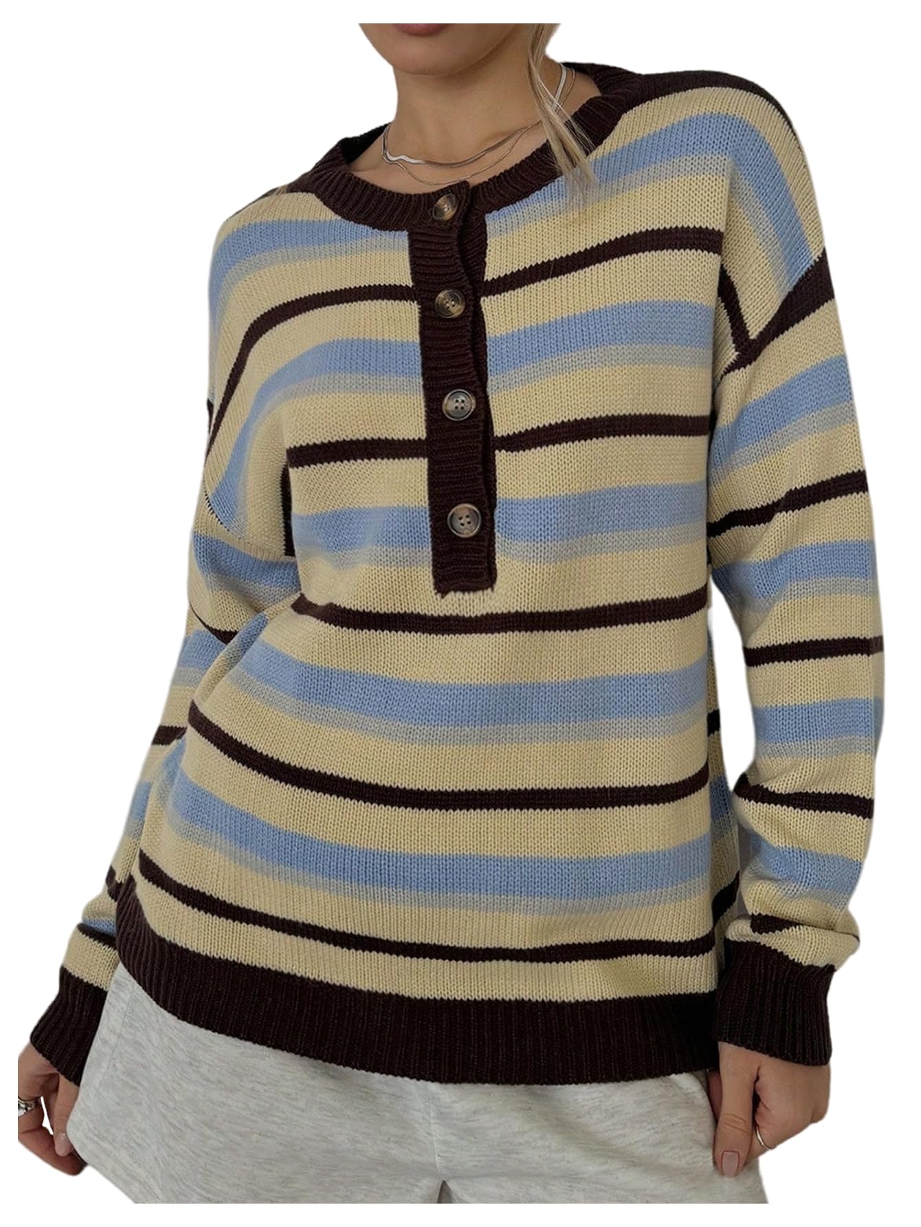 MakeMeChic Womens Striped Henley Sweater Button Up Long Sleeve Knit Pullover Tops