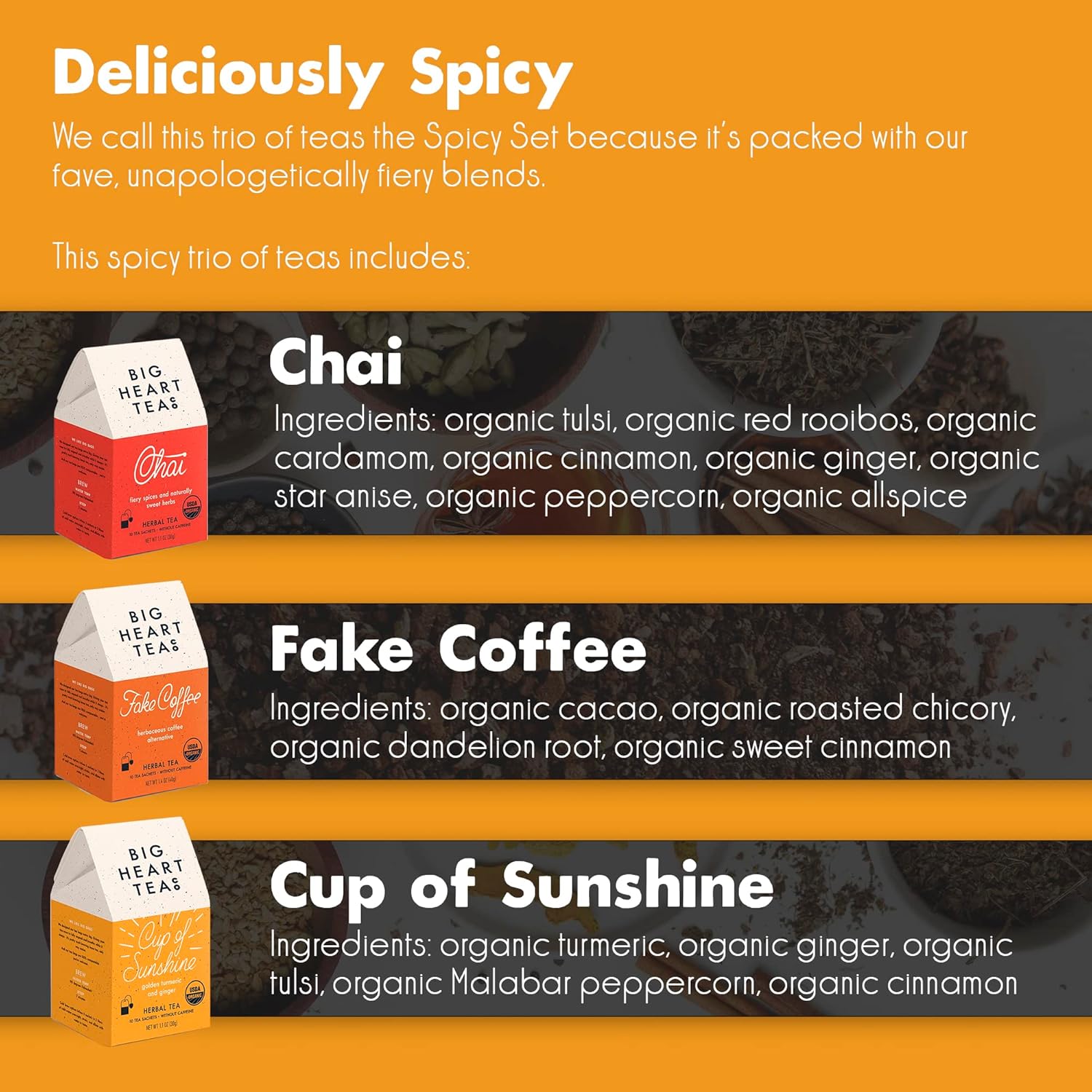 Big Heart Tea Co. Spicy Tea Bags Gift Set - Certified Organic, Ayurvedic Herbal Tea - Small Batch Ground Herbs, Spices in Zero Plastic Sachets - Healthy Tea Variety Box - 3 Flavors, 30 Pack