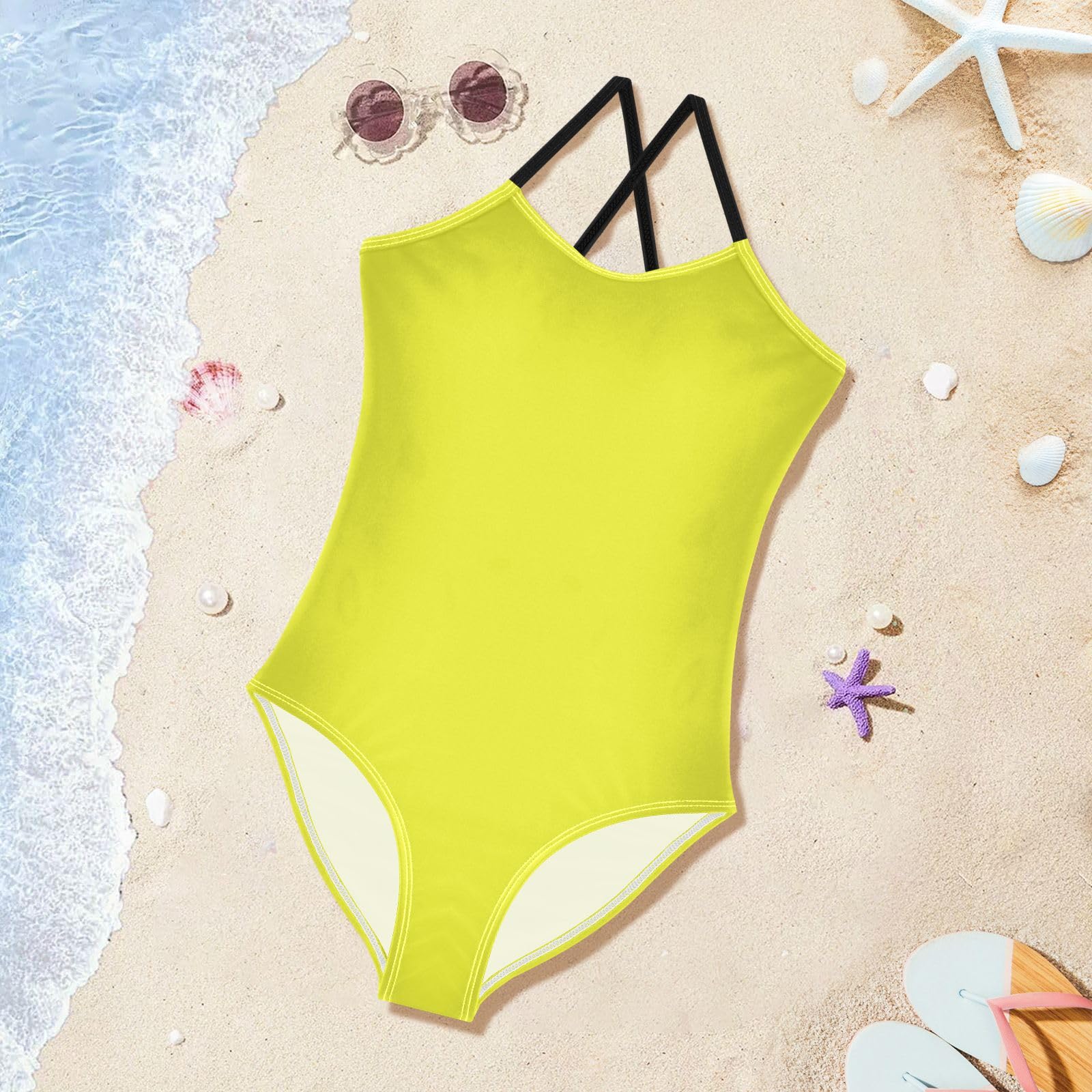 Lemon Yellow Girls One Piece Swimsuit Beach Swimwear Quick Dry Kids Bathing Suits 7-8T