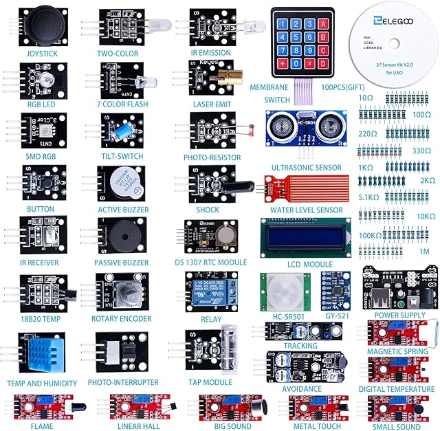 ELEGOO Ulepszony zestaw czujników 37 w 1 zgodny z Arduino IDE z instrukcją obsługi projektów elektronicznych.