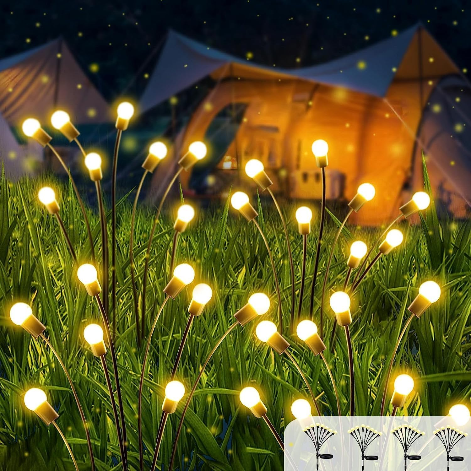 Chipark Solar Lights Outdoor Garden Firefly Lights, 4 Pack Waterproof Swinging Garden Decoration Outdoor Courtyard Firefly Garden Light for Pathway, Yard, Patio Fence Decor, Warm White