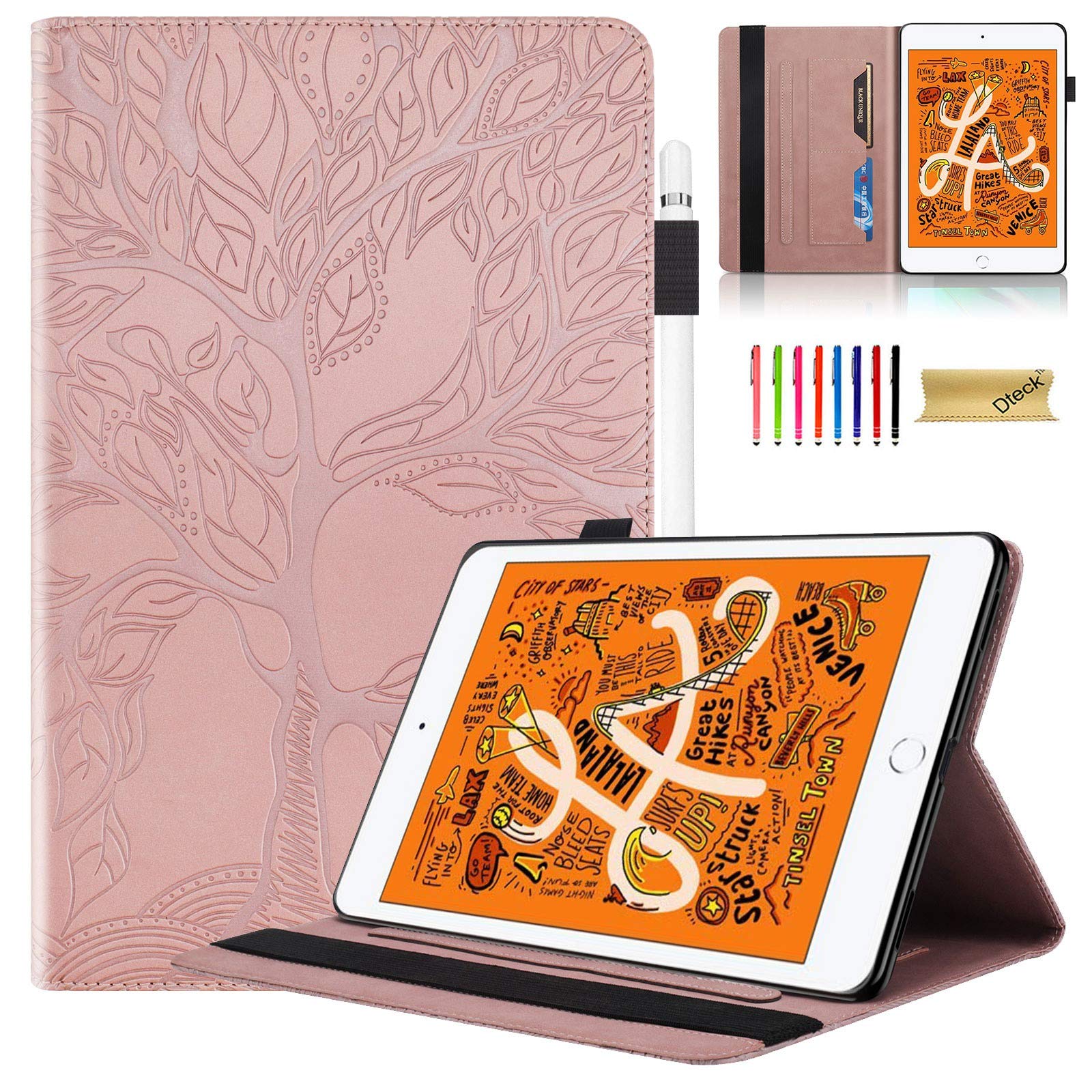 Dteck Case for iPad Mini 5th/4th Generation, iPad Mini 3/2/1 Case 7.9" - [Embossed Tree Pattern] Protective Leather Smart Folio Case with Auto Sleep Wake/Adjustable Viewing Stand Angle (Rosegold)