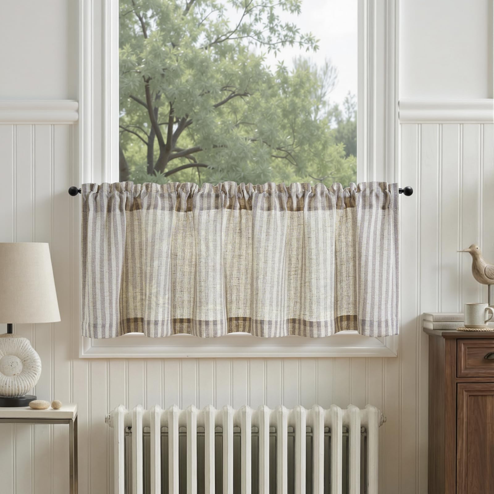 TOPICK 1 Stück H 40 x B 125 (cm) Scheibengardine modern Gestreift Leinen Gardinen mit Streifen Küchenvorhang Blickdicht Kurz Küchengardinen für Küchen lichtdurchlässig Klein Gardine Taupe auf Beige