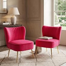 DUOMAY Modern Accent Chair Set of 2 Velvet Slipper Chair with Gold Legs Wingback Side Chair for Living Room Bedroom Entryway Small Corner Chair for Space Saving, Rose Red