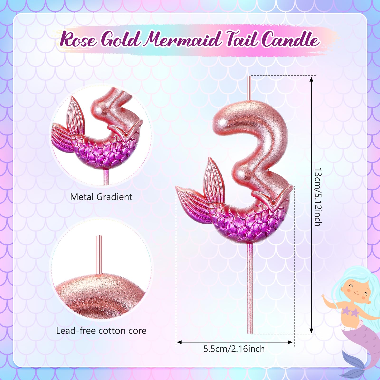Conelist Mermaid Number Candles 2.95 Inches Mermaid Birthday Decorations Birthday Candles Numbers Happy Birthday Candles for Cake, Rose Gold and Purple Mermaid Cake Toppers (Number 3)