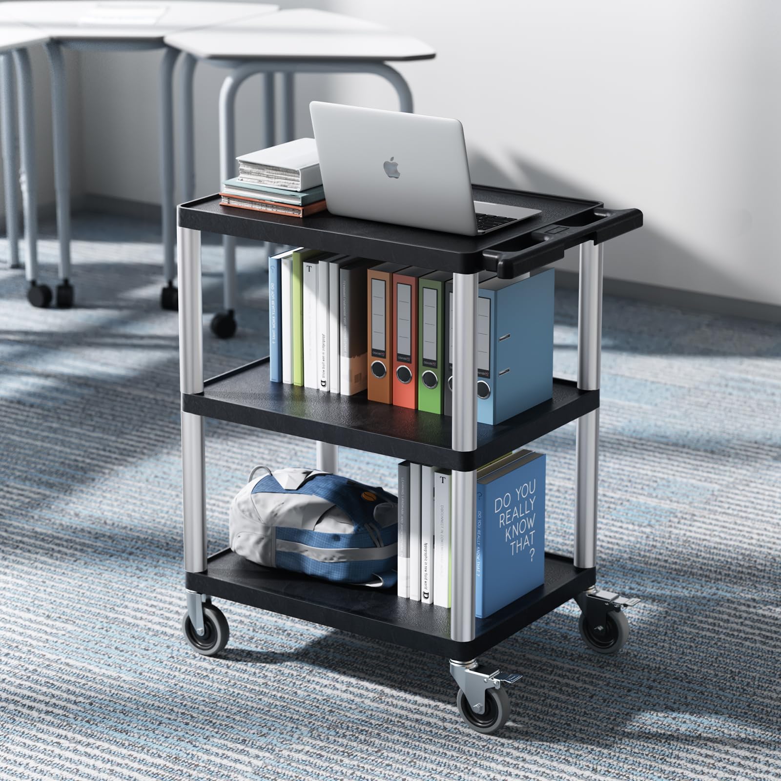 VEVOR Carro Multiusos, Carro de Servicio de Plástico Resistente de 3 Estantes 695 x 460 x 825 mm con Ruedas Giratorias de 360° (2 con Frenos), Carga de 136 kg, para Almacén, Garaje, Negro