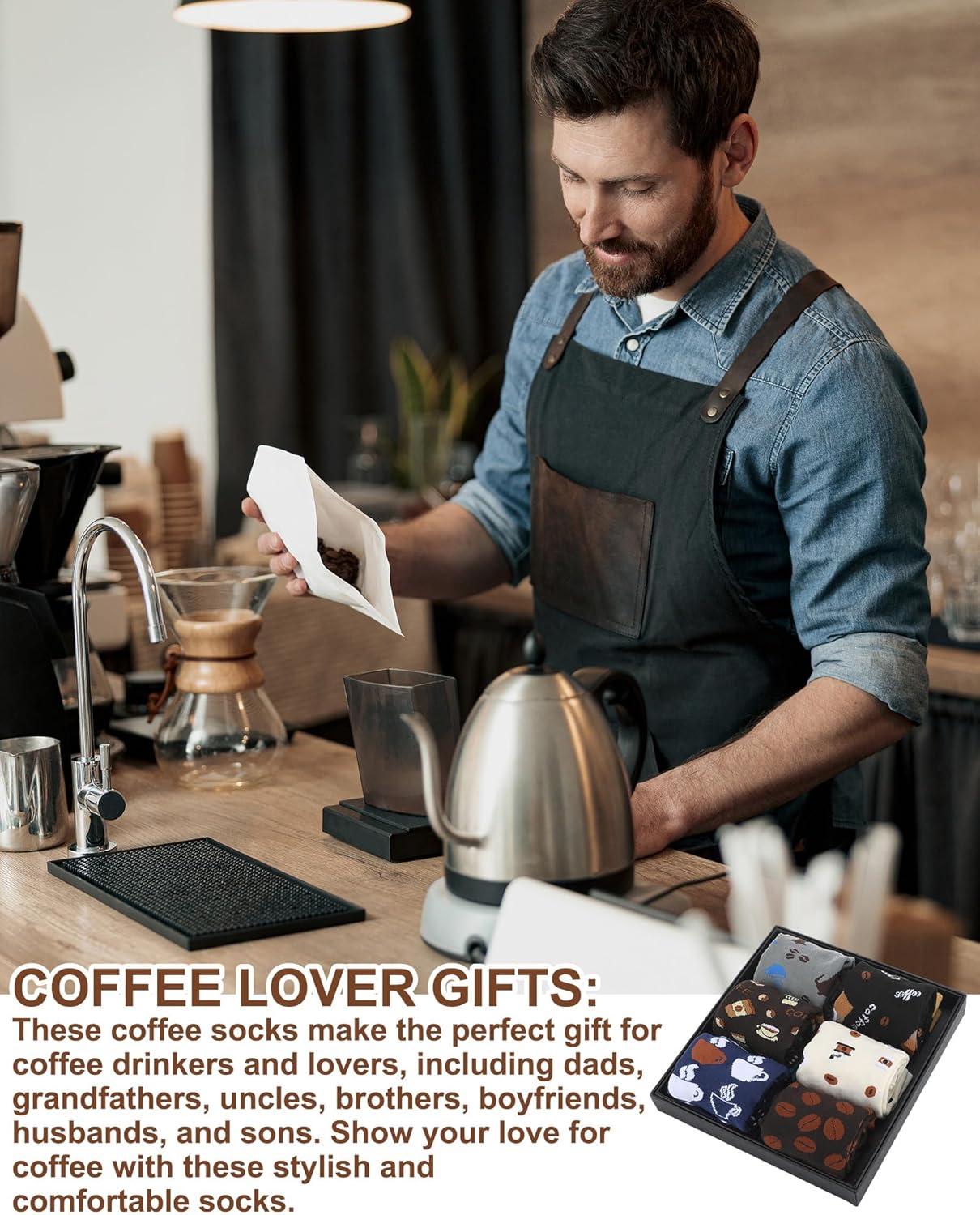 6 Pairs Novelty Coffee Socks for Men Funny Cotton Crew Socks Holiday Valentine's Day Birthday Gifts for Coffee Lovers Barista - Image 2
