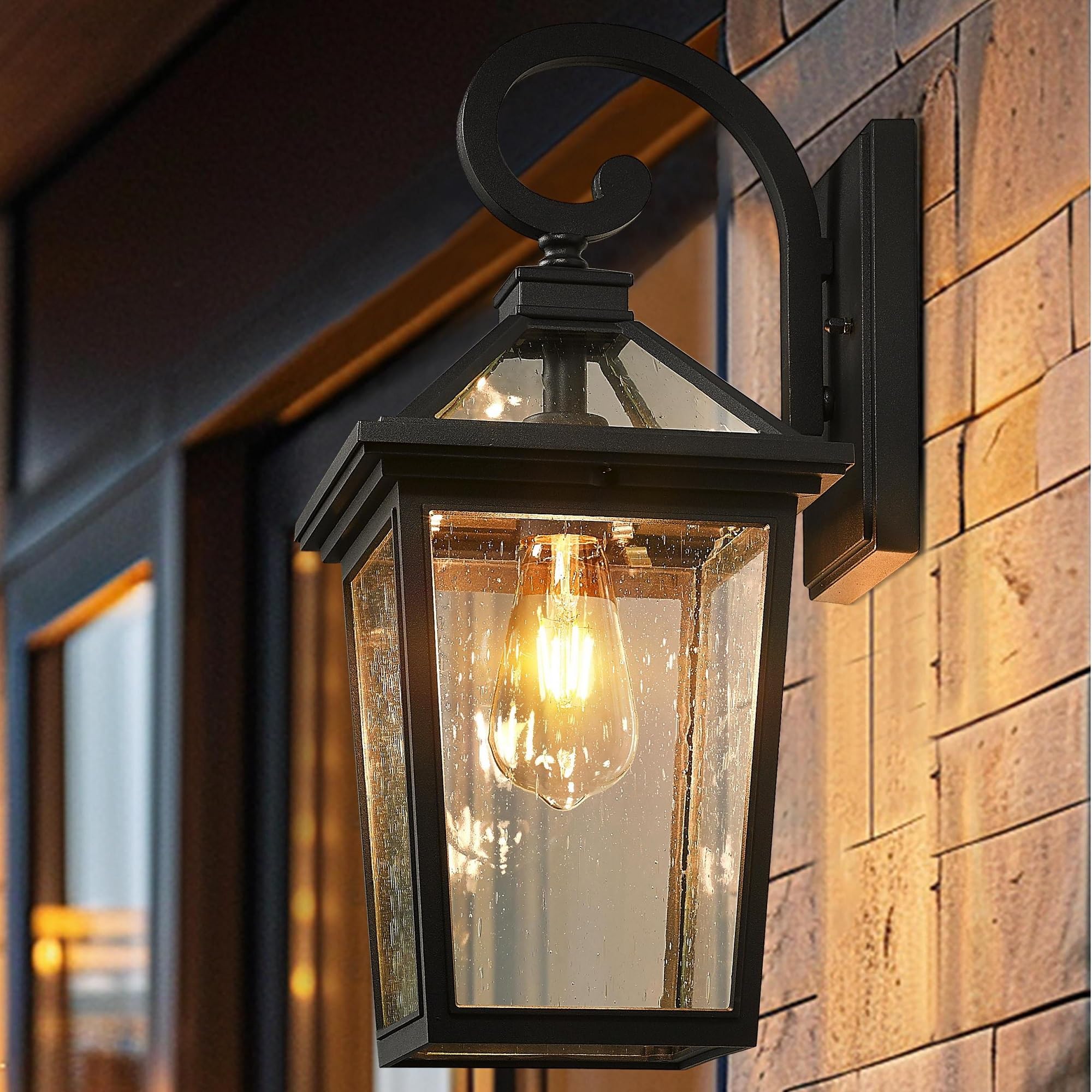 zeyu 18 Inch Outside Light Fixture, Exterior Wall Lighting Fixture for House Porch, Die-Cast Aluminum with Seeded Glass, Black Finish, ZX58MB BK