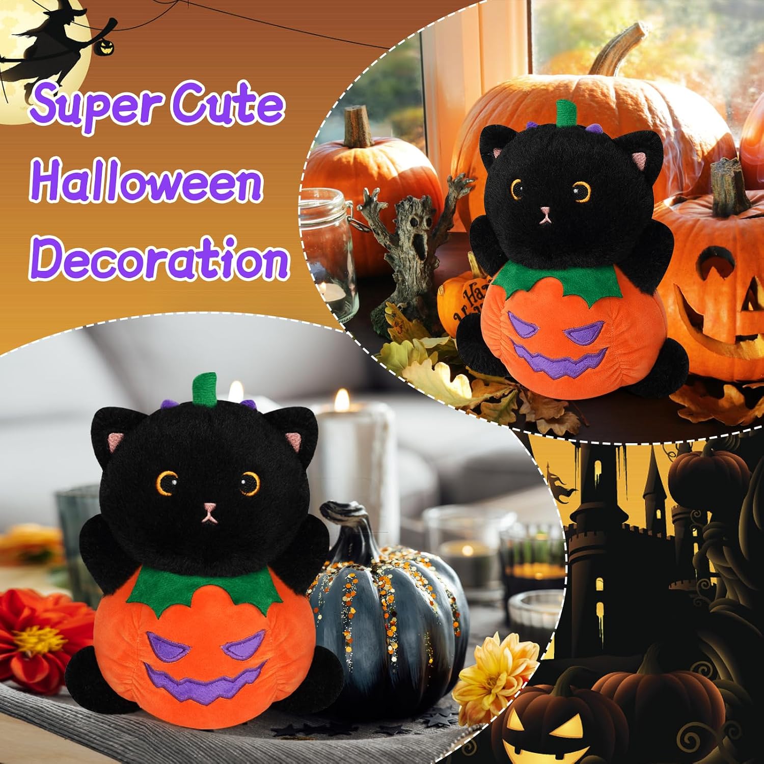 Halloween Stuffed Animal, Black Cat Plush Cute Pumpkin Cat Plush, 8in image 3