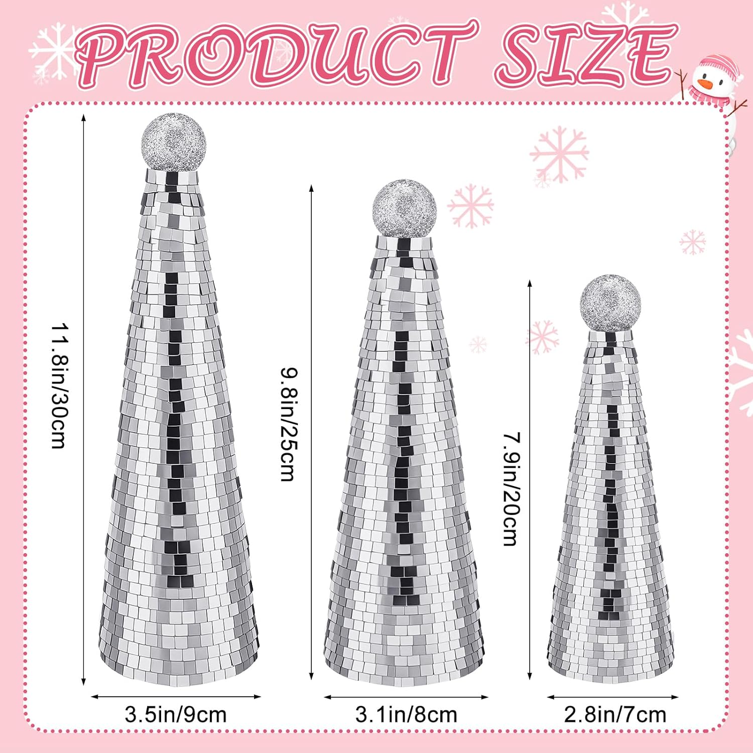 3Pcs Disco Christmas Tree Decoration Mirror Xmas Cone Shining Tree Tabletop Centerpiece Mantel for Party Supplies Home Thanksgiving Valentine Holiday Outdoor Indoor Decor (Pink)