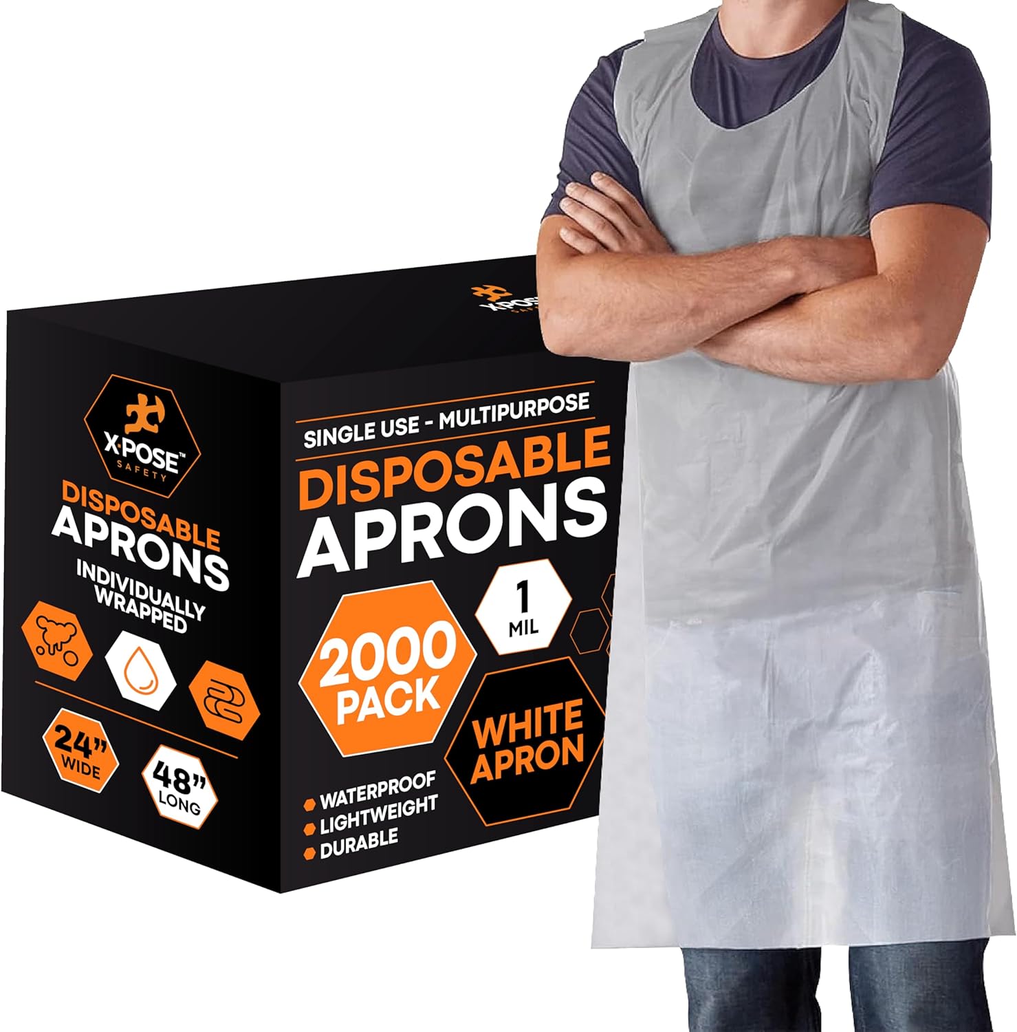 Xpose Safety 2000 White Plastic Disposable Aprons for Cooking & more Individually Packaged Durable 1 Mil Waterproof Polyethylene 24" x 48"