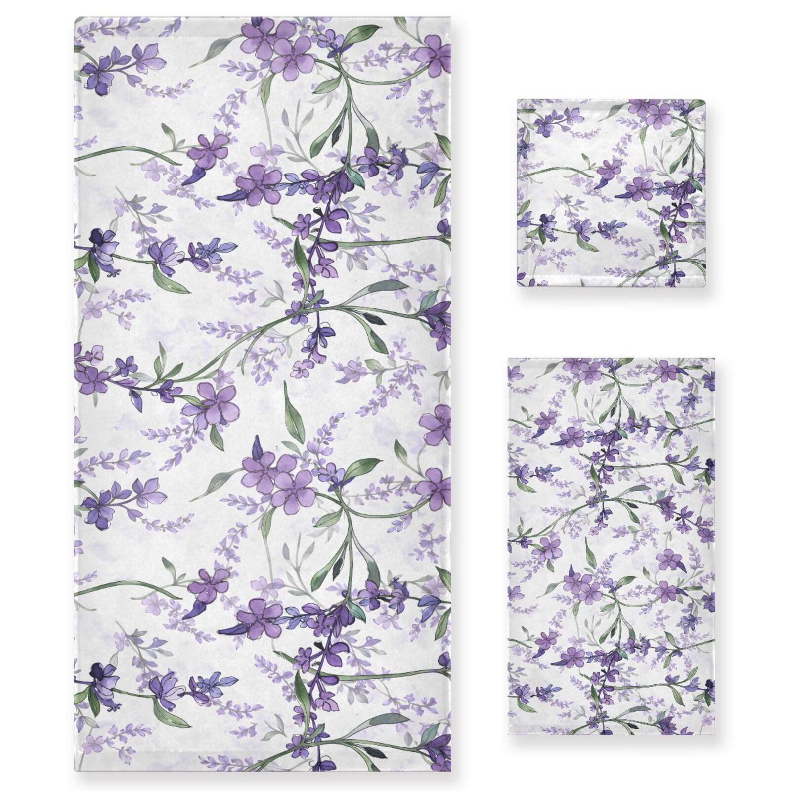 ALAZA Towel Bathroom Sets, Purple Violet Lavender Floral Flowers Towels 3-Piece 1 Bath Towel 1 Washcloth 1 Hand Towel, Bath Towel Set of 3 Soft
