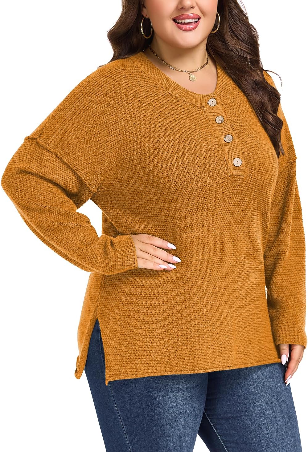 Womens Plus Size Sweaters Tops Long Sleeve V Neck Button Henley Tops Loose Casual Pullover Knit Shirts - Image 2