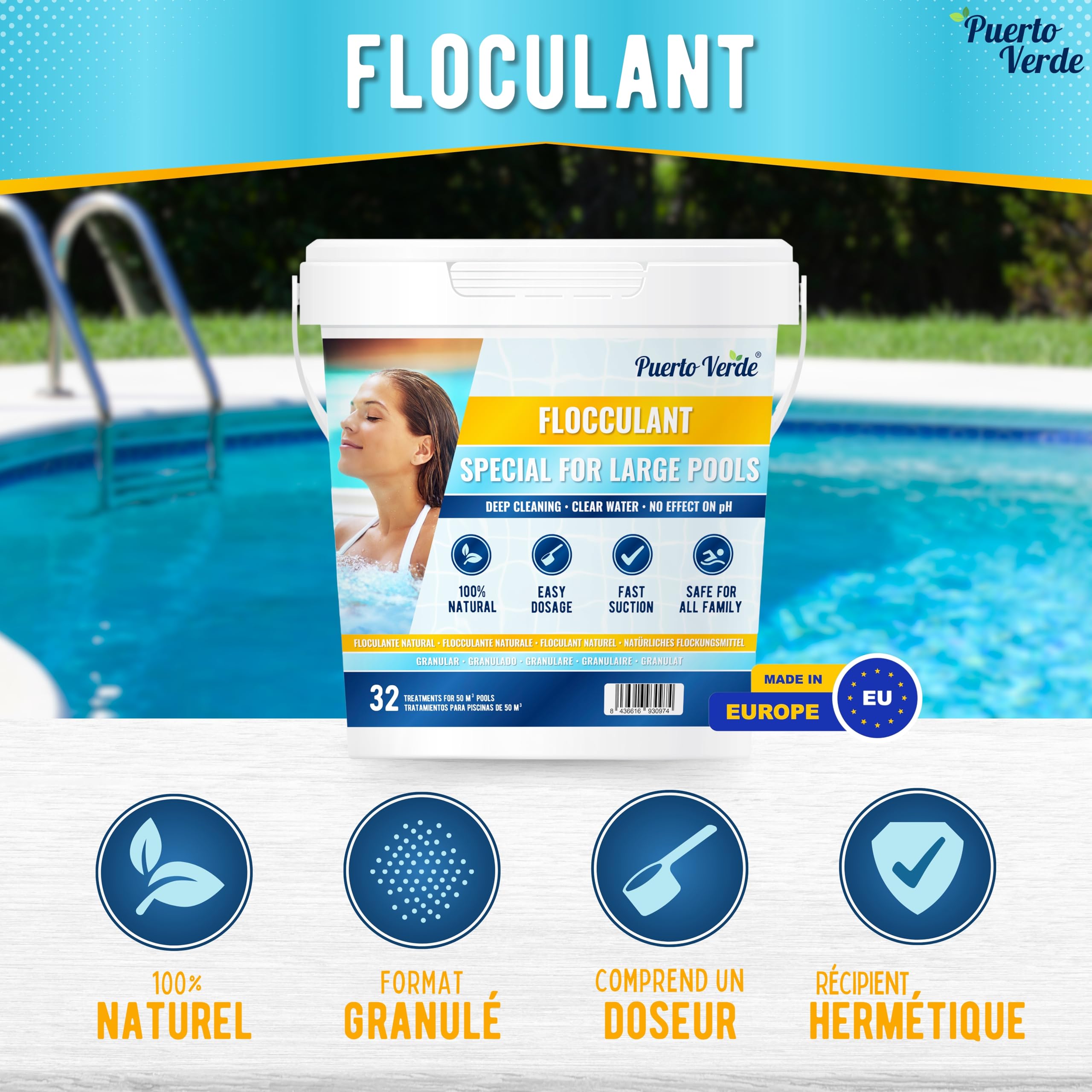 • Floculant Naturel 32 Traitements. Clarifiant pour Les Grandes Piscines et Les Spas. Éliminateur de Turbidité pour Une Eau Cristalline. Format Granulé à Utilisation Sûre.