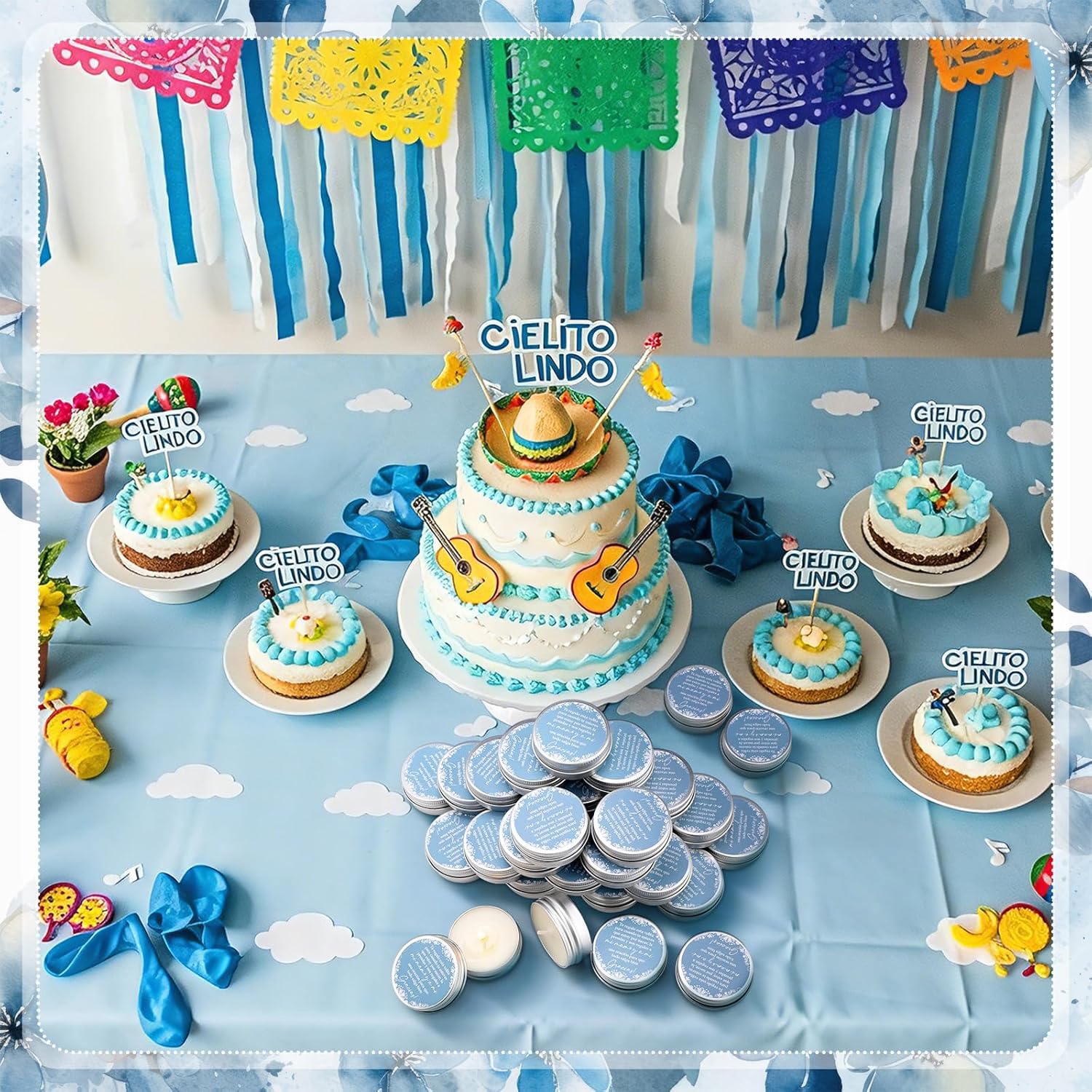 Lounsweer 50 Pcs Cielito Lindo Party Favors Mexican Jar Candles Gift for Guests 1 oz Lavender Scented Soy Wax Candles Bulk Favors for Birthday Baby Shower Party Supplies (Blue)