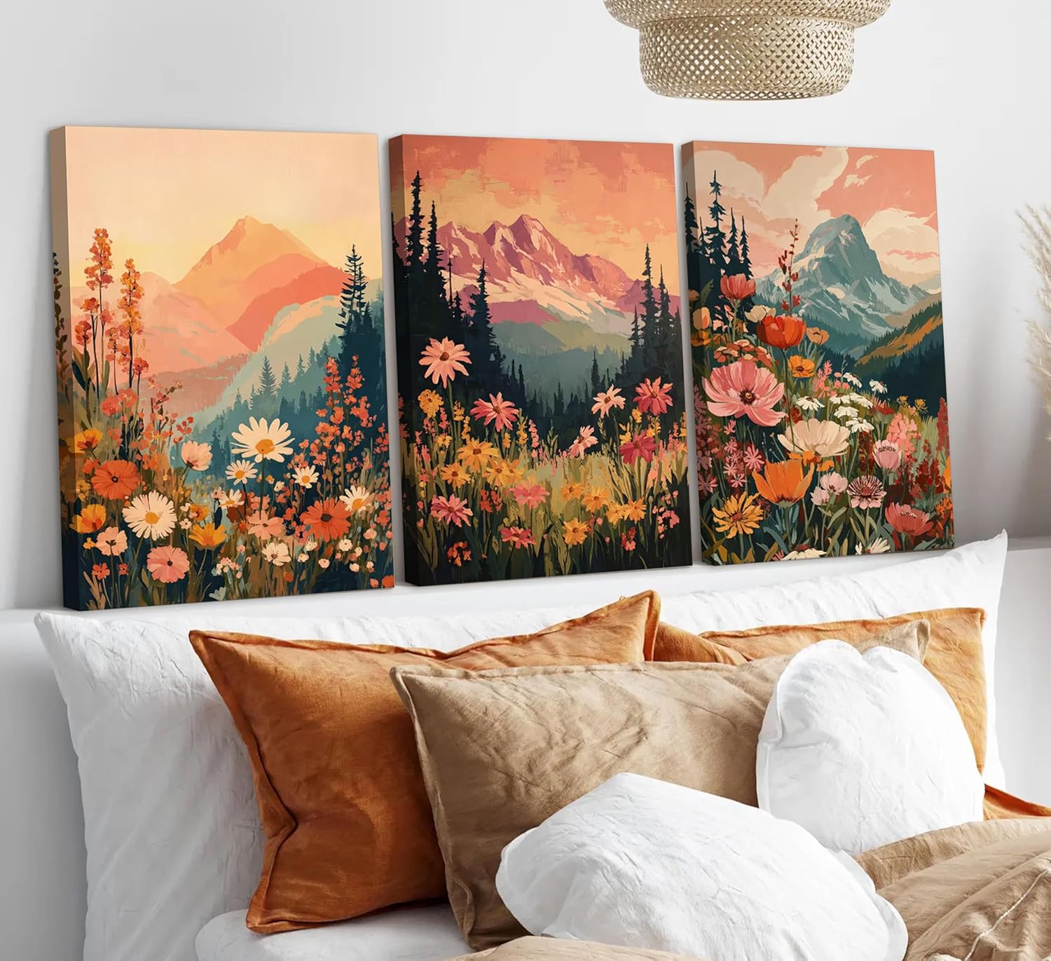 3Pcs Boho Mountain Canvas Wall Art Vintage Wildflower Mountains Poster Prints Abstract Nature Sunset Landscape Picture Botanical Paintings Artwork Wall Decor for Living Room Bedroom 16x24in Framed