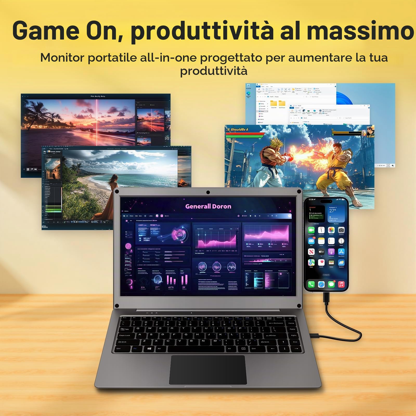 ELECROW Monitor Portatile 14 Pollici con Tastiera, Lapdock con Batteria Integrata, Display 1080P FHD IPS USB-C per Raspberry Pi, PC, Mac, Phone, Console